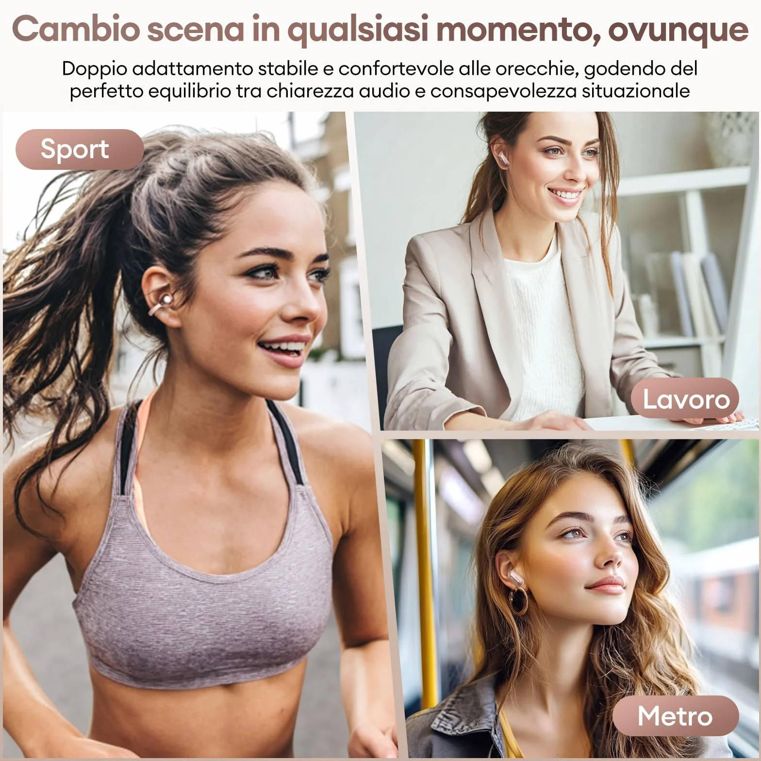 PAXA 2-in-1 Open Ear Cuffie Bluetooth, Clip Open-Ear Cuffie Wireless Sport Bluetooth 6.0 0 Ritardo, 140H Autonomia, Riconoscimento L/R, Riduzione Rumore per Lavoro/Sport/Quotidiano, Ctbuds Rosa Oro