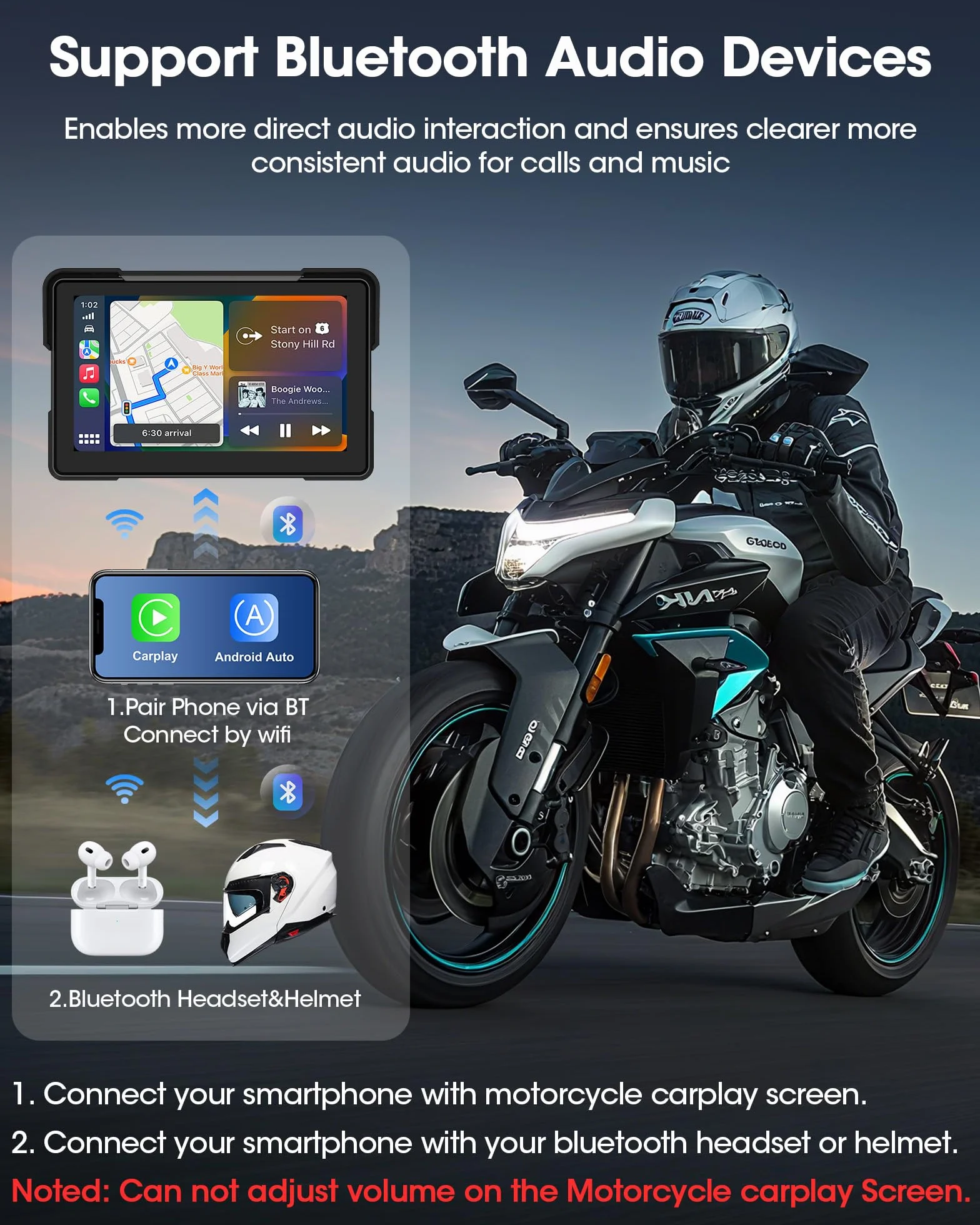 7 Pollici Carplay Moto e Android Auto Navigatore Moto Portatile Senza Fili con Motociclette Navigazione, Supporto Siri/G-oogle Assistant, Bluetooth, IP67 Impermeabile per il Viaggio Pendolare