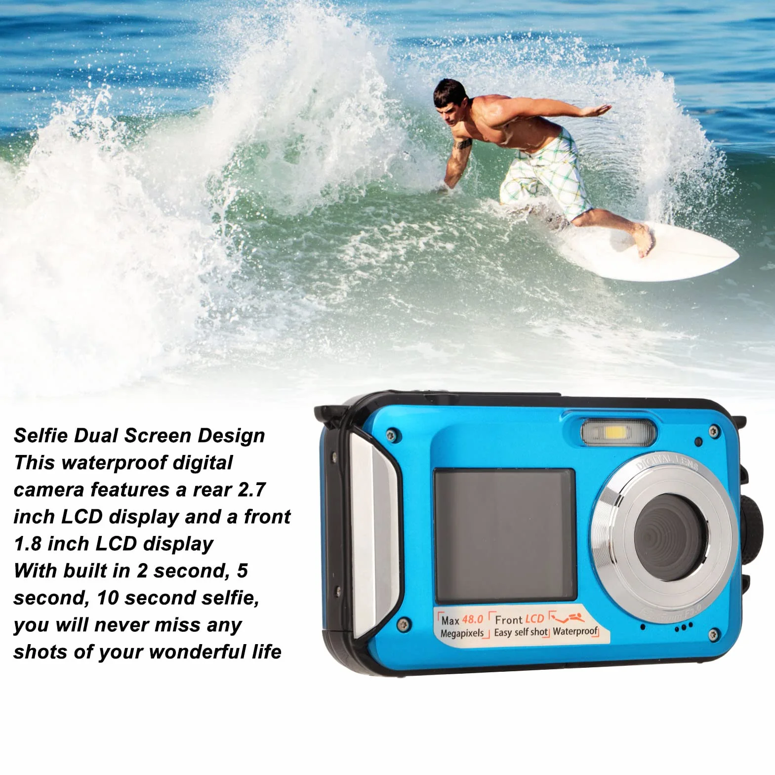 Fotocamera Subacquea, Fotocamera Subacquea da 11FT, Fotocamera Subacquea a Doppio Schermo Full HD 2.7K 48MP Autofocus Selfie con Cinghia Galleggiante, Fotocamera Subacquea con