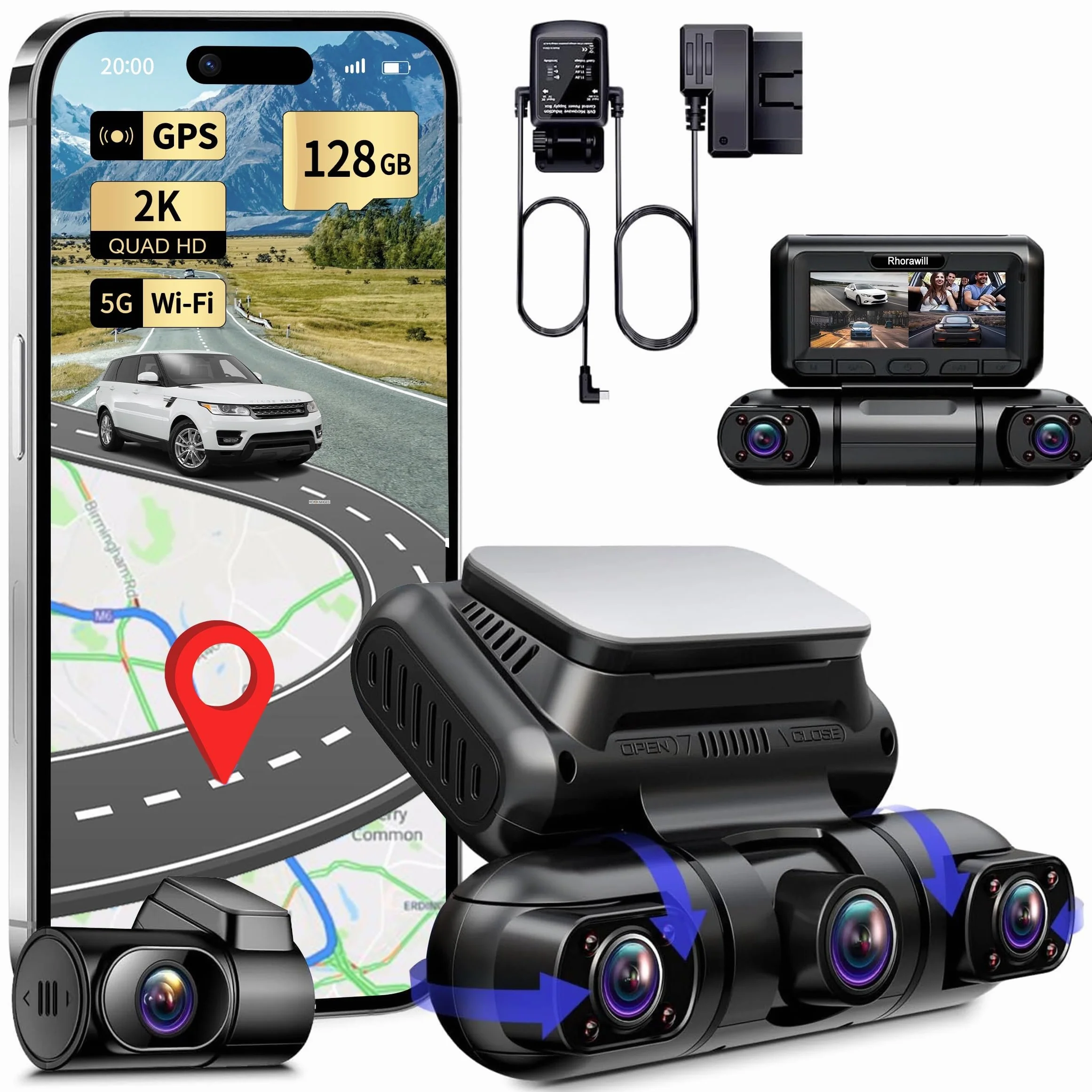 Rhorawill 4 Canali Dash Cam,Rotazione a 360° Anteriore Posteriore All'interno Sinistra Destra Dashcam Auto,Radar Rilevamento & Movimento Modalità Parcheggio,5G WiFi GPS,3" Libero 128GB,Hardwire Kit