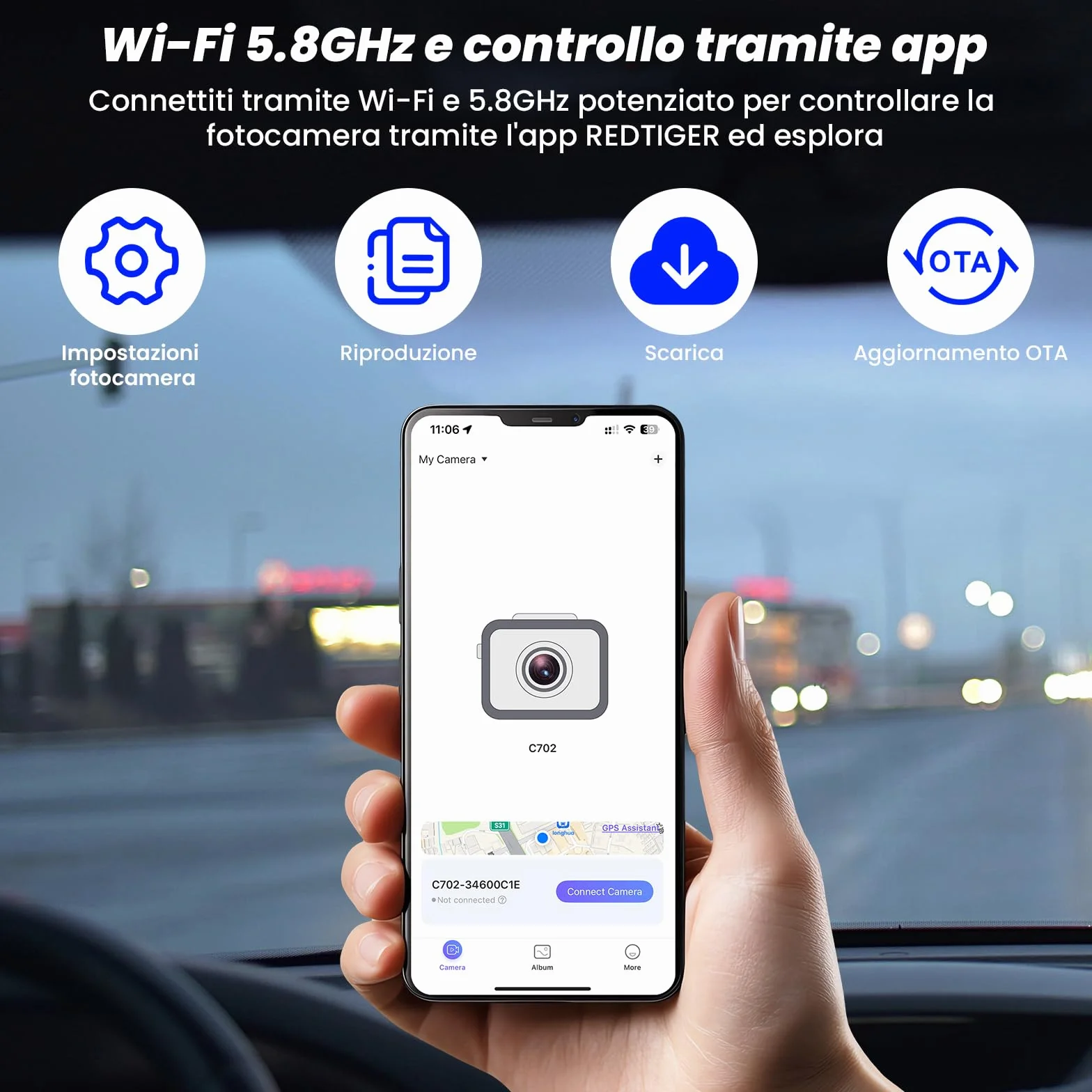 Dash Cam Auto 4K Anteriore e 2K Posteriore, WiFi 5GHz con App, G-Sensor, Registrazione in Loop, Modalità Parcheggio 24H, SD 64G