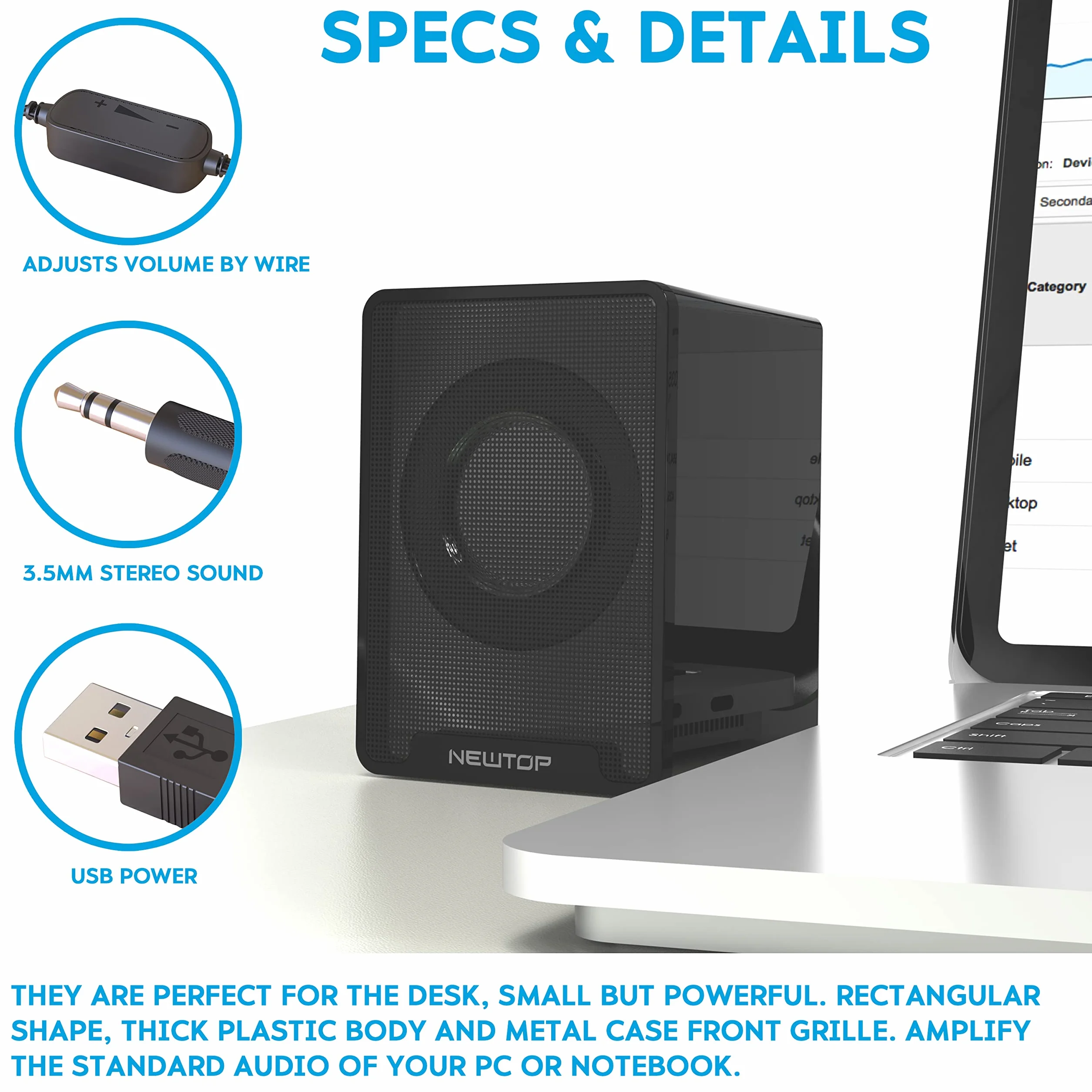 N NEWTOP Mini Casse PCS01 Stereo 2.0 Speaker Set Altoparlanti Alimentazione USB Ingresso Connettore Audio Jack 3.5mm Portatile Suono 360° per PC Fisso Desktop Laptop Notebook TV (Nere)