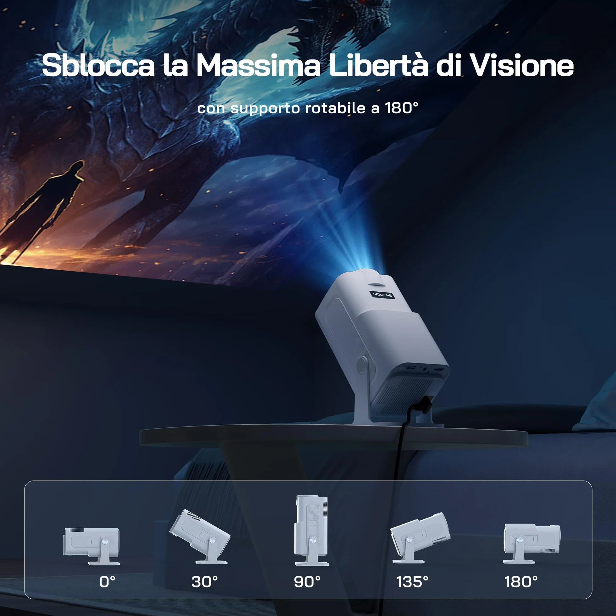 WOLFANG 4K Mini Proiettore【App Integrata/Netflix Ufficiale】, 26000 Lumen Proiettore Portatile con WiFi 6, 50% Zoom, Ruotabile 180° Videoproiettore per Home Theater/TV Stick/iOS/Android/PC/PS5/HDMI/AV