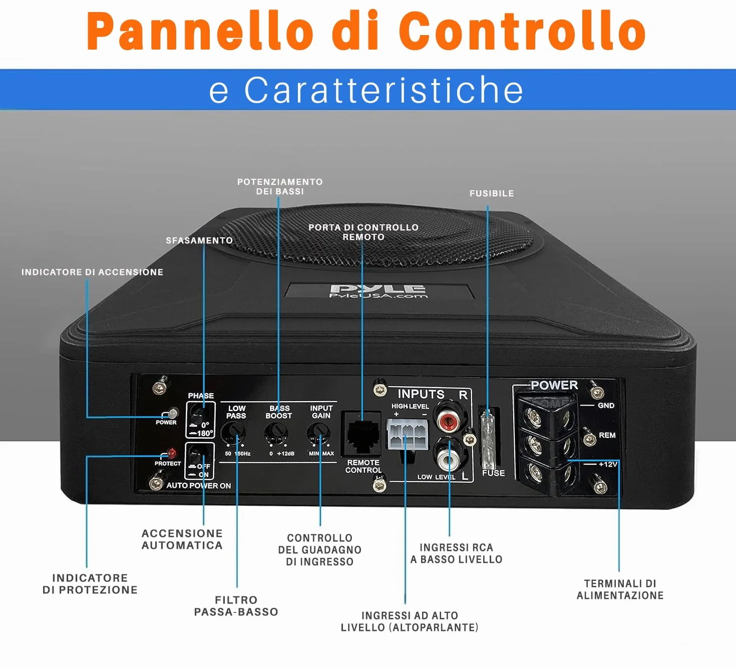Pyle Subwoofer Amplificato da 20 Centimetri per Casse Auto, 600 Watt, Compatto e Attivo, Sottosella con Amplificatore Integrato, Nero