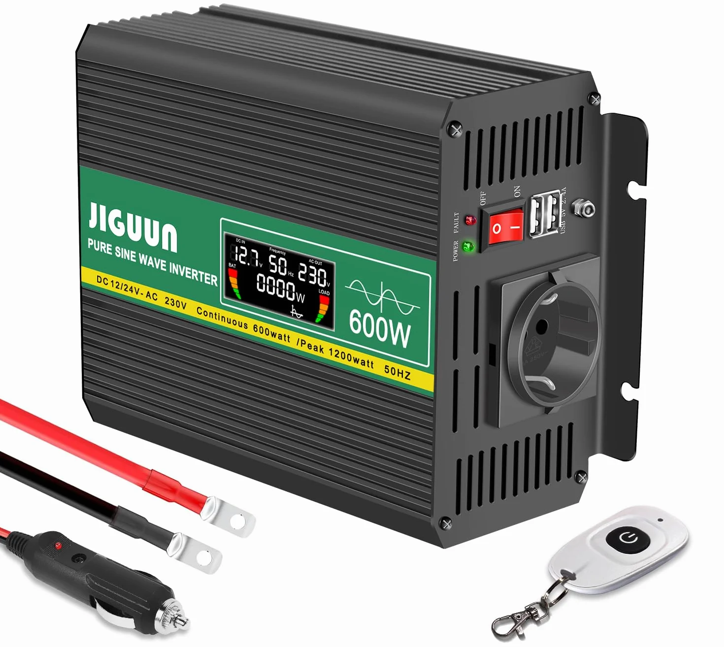 JIGUUN 600W inverter 12V/24V 220V onda pura Trasformatore con 1 prese EU e 2 porta USB 2.4A Telecomando senza fili e display LCD Potenza di picco 1200W per camion camper emergenza