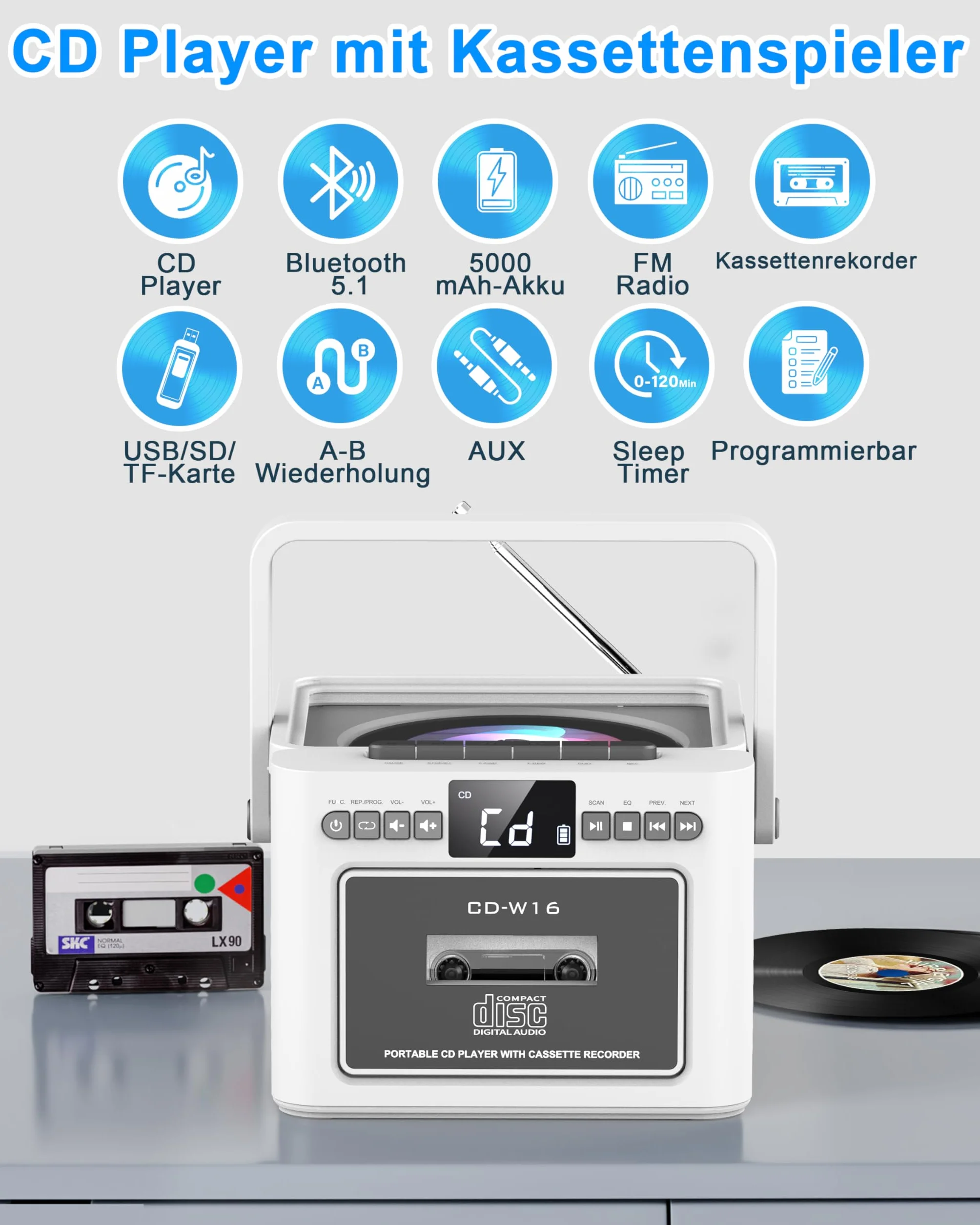 Greadio Lettore CD Portatile, Boombox con Lettore di Cassette e Radio FM, Bluetooth 5.1, Batteria Ricaricabile da 5000mAh, Telecomando, Ingresso AUX/USB/Scheda SD, Altoparlante da 5W, Schermo LED