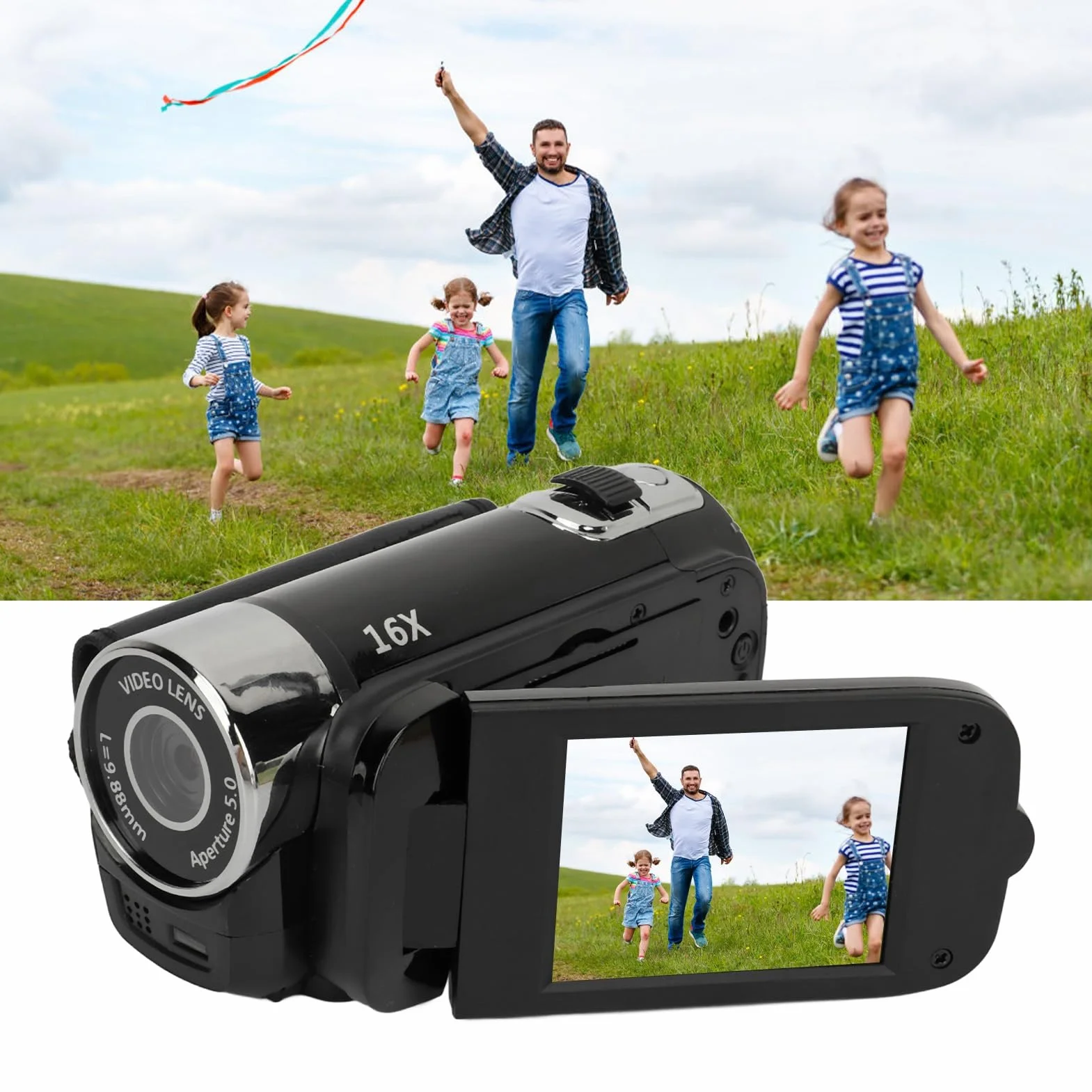 Videocamera, Registratore per Fotocamera Digitale 1080P 16MP, Schermo Ruotabile da 2,4 Pollici Videocamera con Zoom Digitale 16X con Luce di Riempimento (BLACK)