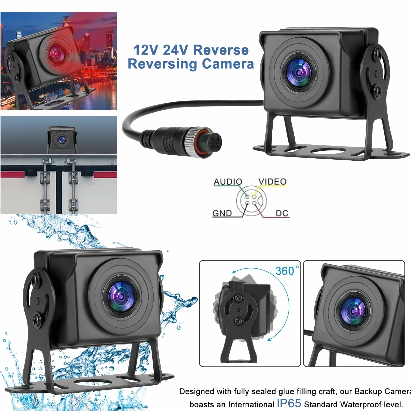 Set di telecamera per retromarcia con monitor HD LCD da 7 pollici e telecamera posteriore grandangolare da 170°, impermeabile IP69, per camion, rimorchi, bus, furgoni.