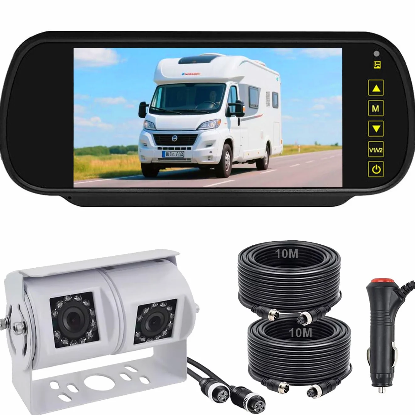 Telecamera di ritorno a 4 poli bianca con monitor da 7 pollici, visione notturna, impermeabile, per camper, camion, carovana, 12 V-24 V