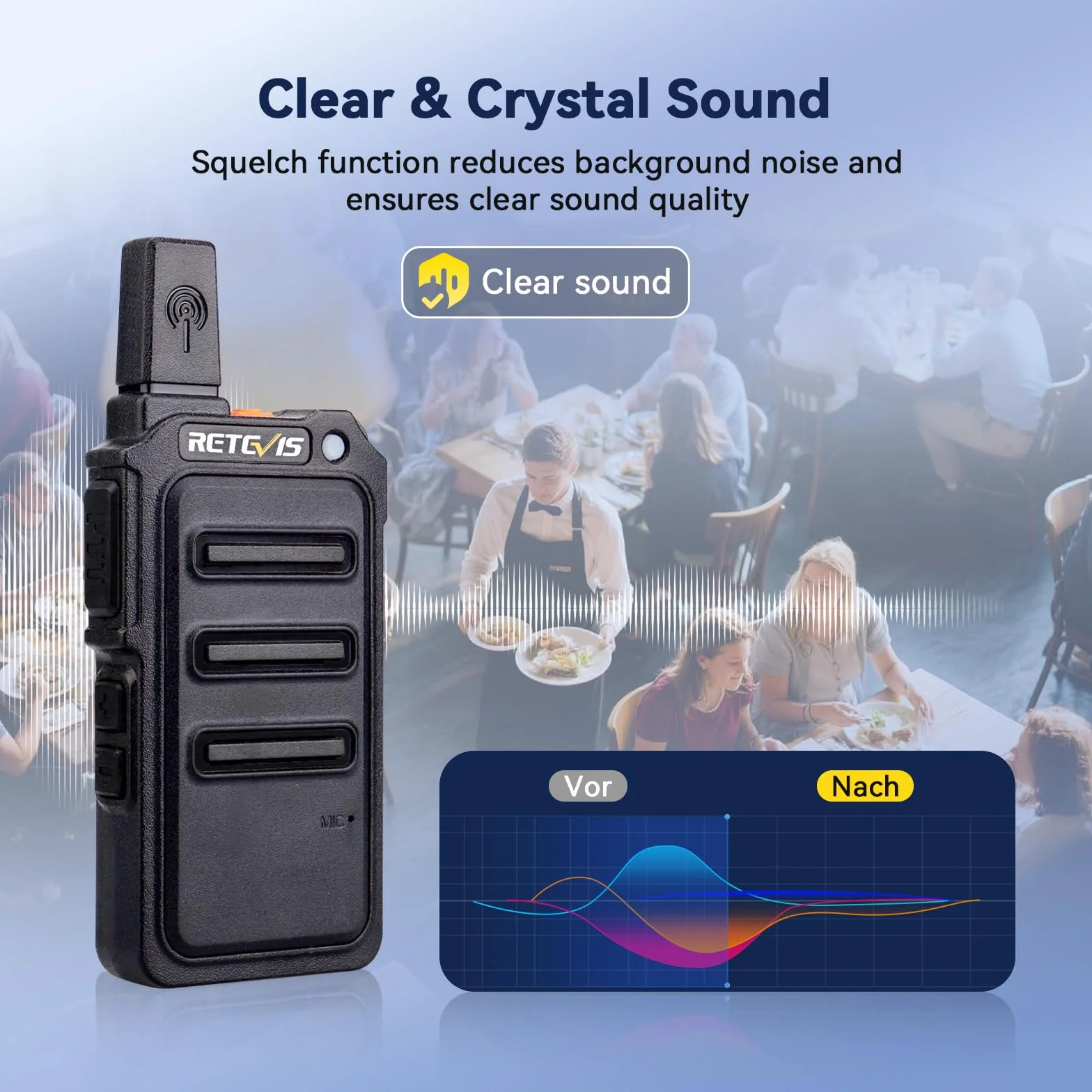 Retevis RT619 Walkie-Talkie Professionale, PMR446, VOX, 1300mAh Ricaricabile, Auricolari Inclusi - Per Ristorante, Vendita Al Dettaglio, Escursioni - Regalo (Nero, 2 Pezzi)