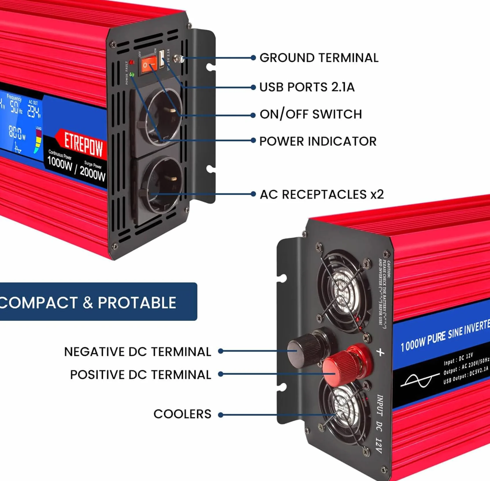 1000W Inverter 12V 220V Onda Sinusoidale Pura Trasformatore Con 2 Prese EU e USB, Telecomando Senza Fili,Display LCD,Picco 2000W
