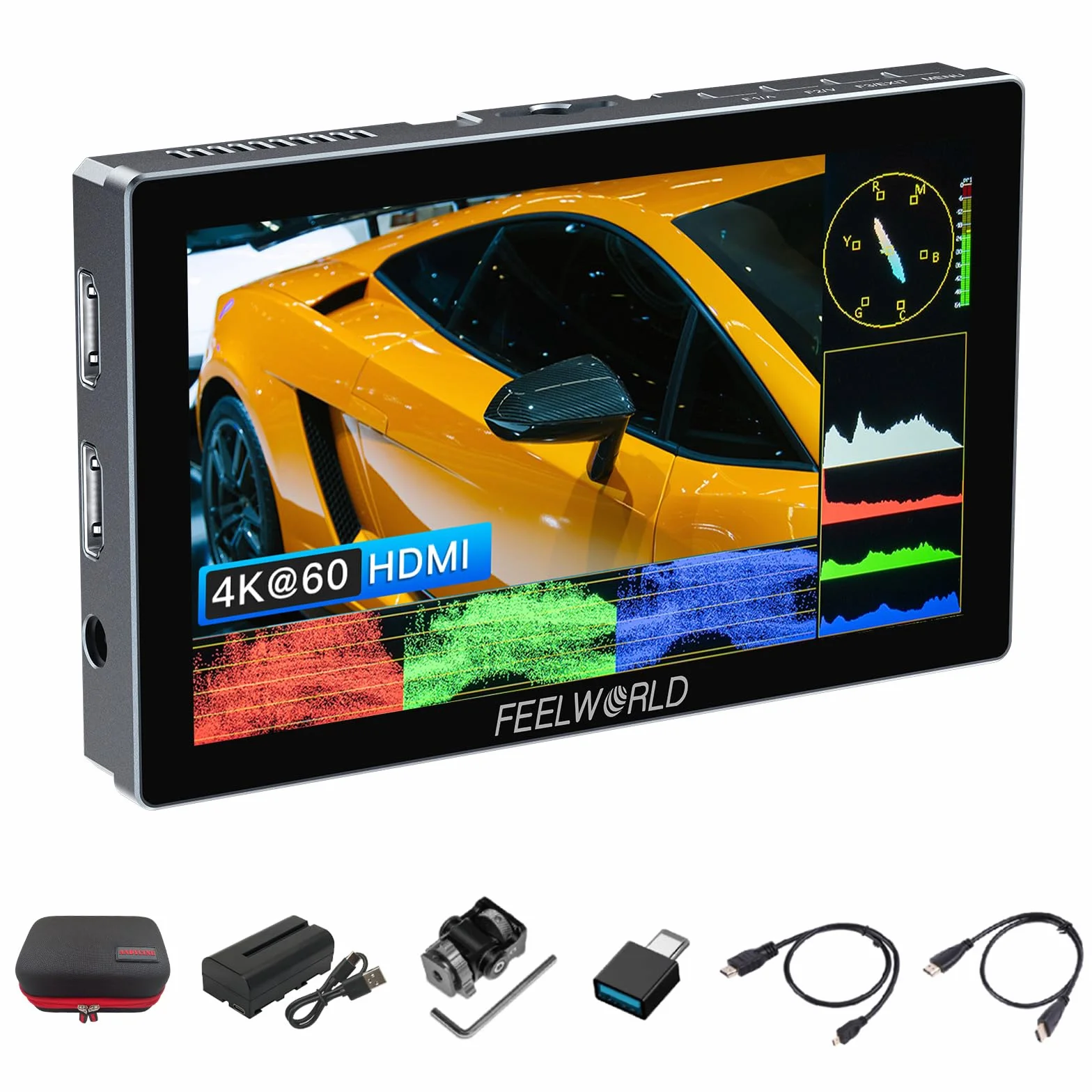 FEELWORLD P6X 5.5 pollici 1000nits corpo in alluminio di luminosità su monitor per fotocamera, monitor 4K HDMI DSLR con 3D Lut, tutte le forme d'onda chiudono la batteria, borsa per il trasporto cavo