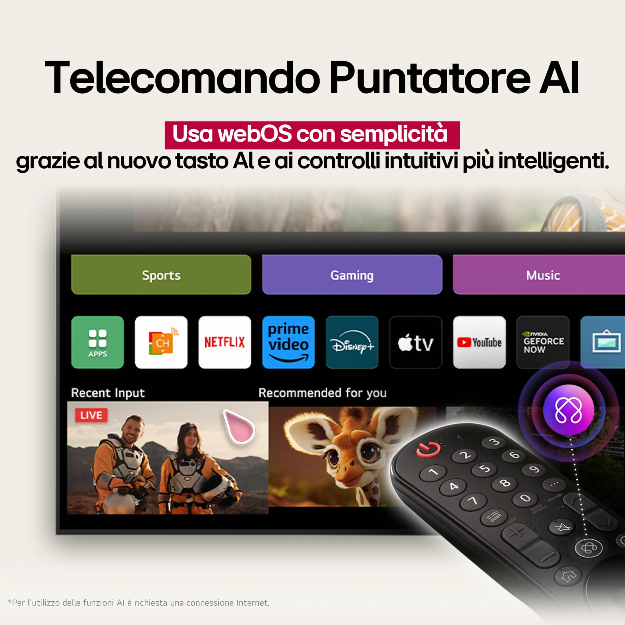 LG QNED AI QNED70 Smart TV 55 pollici 4K, Processore α7 Gen8, Dynamic QNED Color, webOS con AI e telecomando puntatore AI, Gaming con VRR 4K@60Hz, 55QNED70A6A 2025