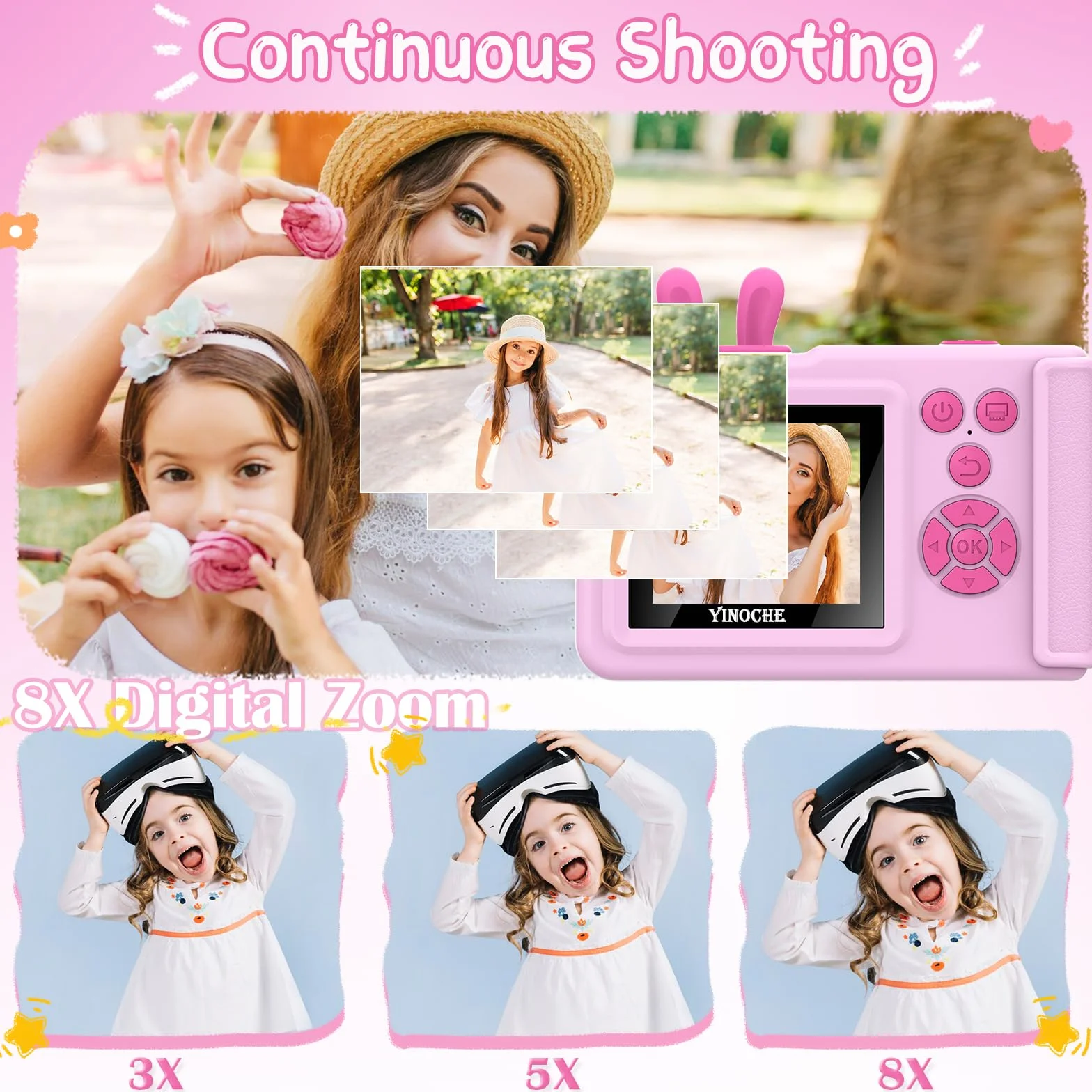 YINOCHE Fotocamera per bambini, stampa istantanea, fotocamera per bambini con foto stampabili, giocattoli per bambini dai 3 ai 14 anni, fotocamera digitale, regalo di compleanno per ragazze (rosa)