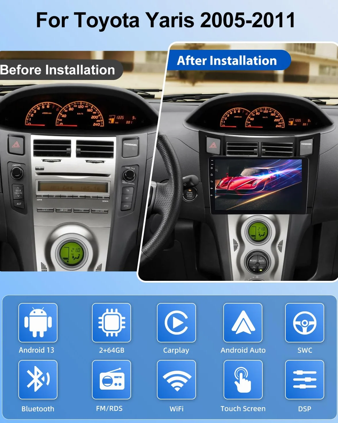 NHOPEEW 2G+64G Android Autoradio per Toyota Yaris 2005-2011 - Senza fili Carplay e Android Auto - 9 pollici Stereo con WiFi GPS FM RDS + Telecamera posteriore&Mic