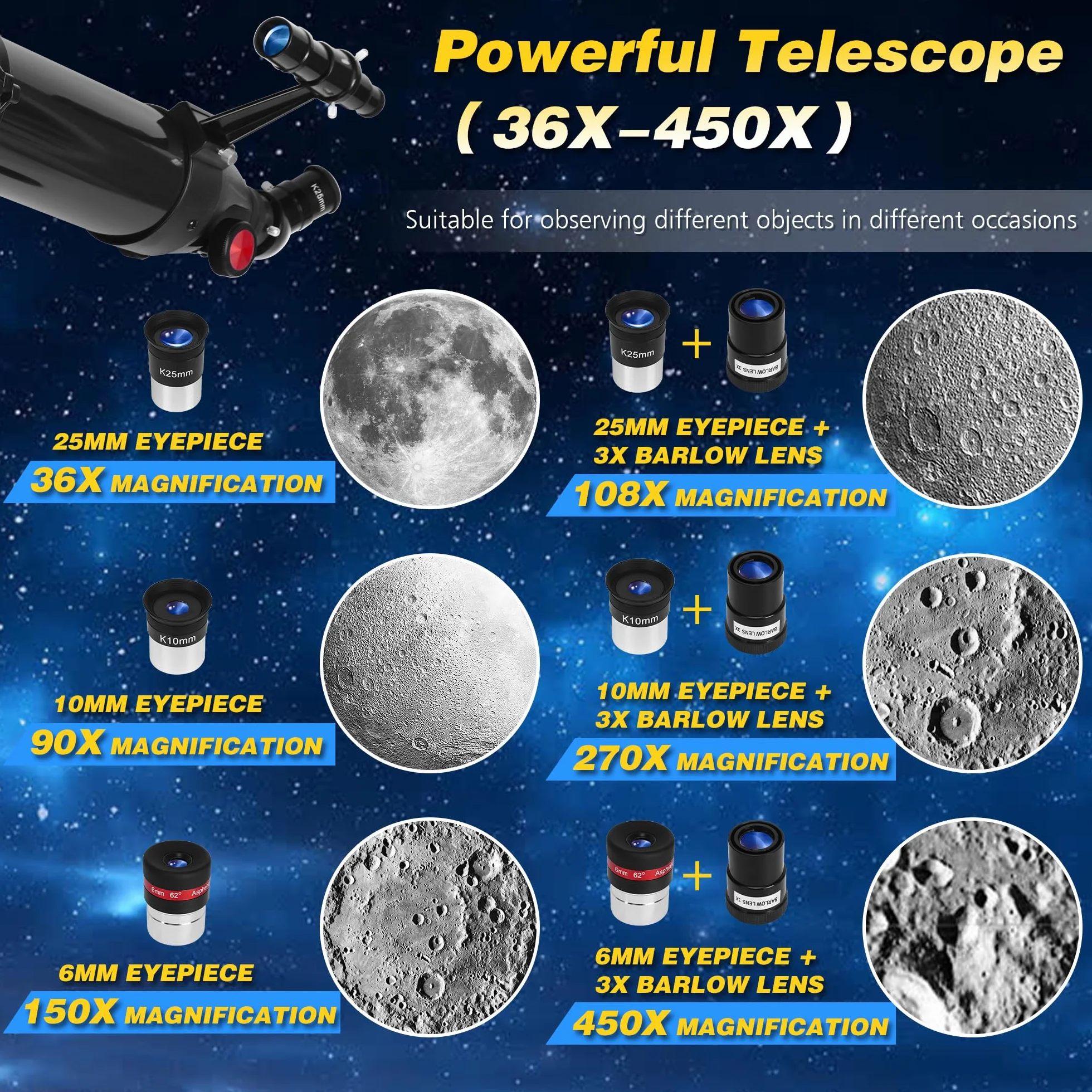 Telescopio per astronomia adulti principianti, 36X-450X, telescopi astronomici rifrattori portatili professionali da 90mm di apertura/900mm con treppiede&adattatore per telefono&borsa da trasporto