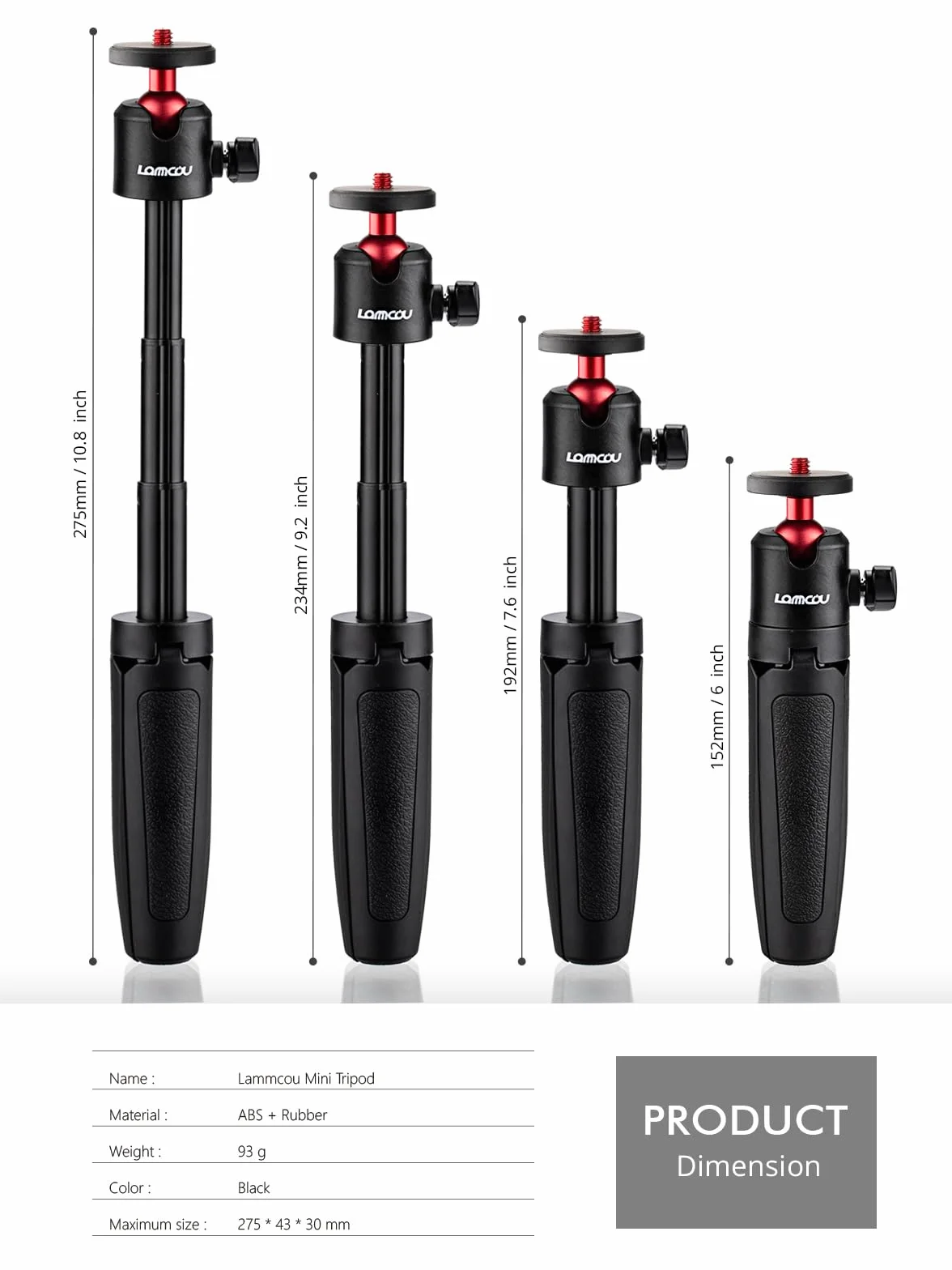 Lammcou Mini treppiede Actioncam con asta di prolunga, Selfie Stick Vlog Grip e adattatore per treppiede per Hero 13 12 11 10 9 8 7 Go3 Go2 X3 X2 Selfie Tripod