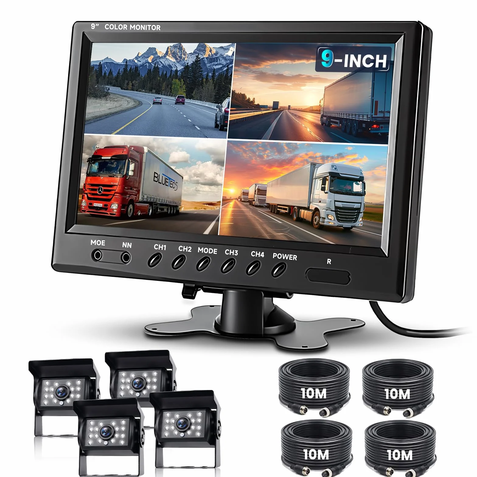 Podofo Kit Auto Telecamera Posteriore, 4 Telecamere + 9" Monitor a 4 Schermi Schermo LCD, Telecamere Anteriori e Retromarcia, Cavo Aeronautico a 4 Pin, Visione Notturna IR Impermeabile 12V-24V