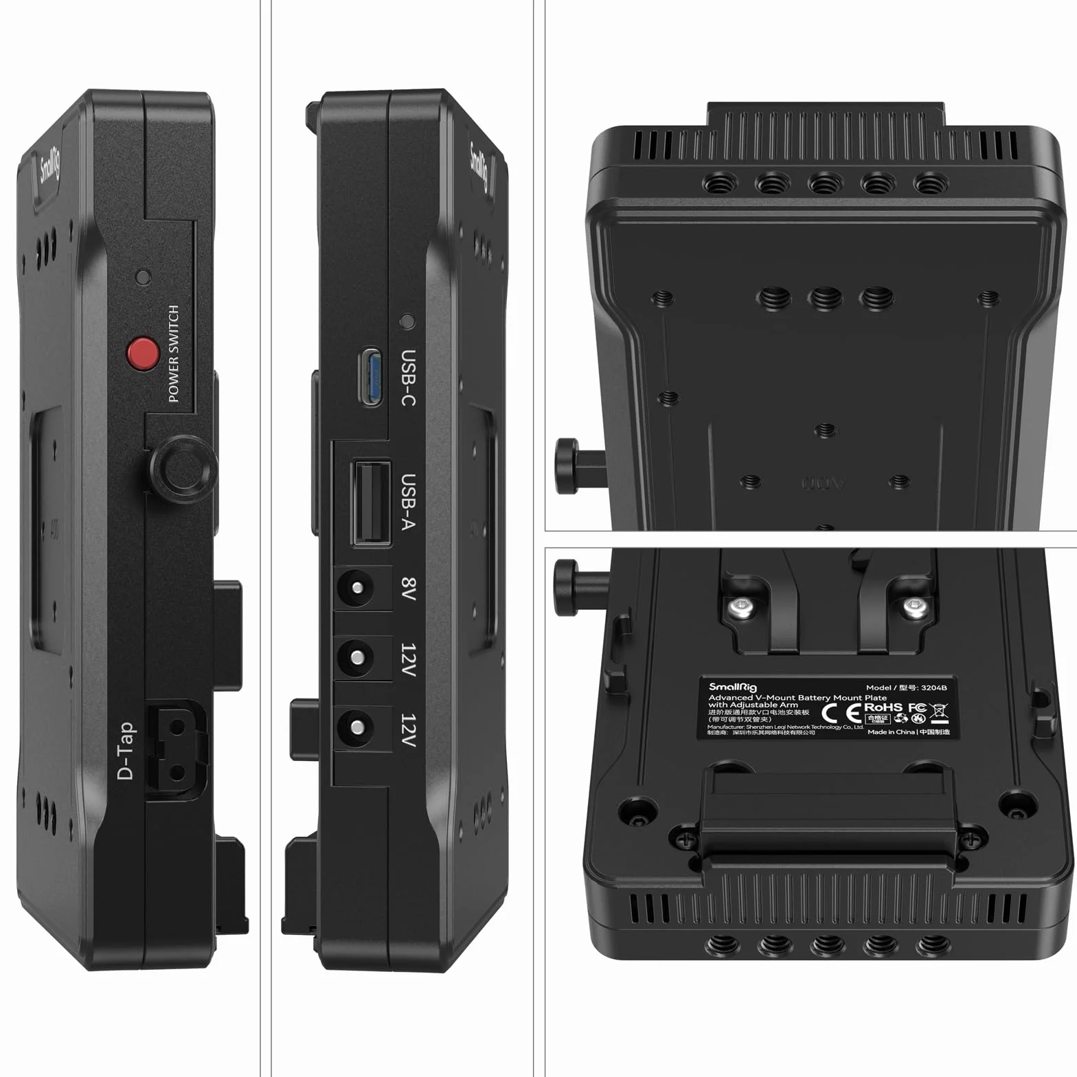 SMALLRIG Piastra Adattatore Batteria con Attacco a V con Braccio Regolabile, Piastra con Attacco a V con PD USB-C da 65 W e Uscita/Ingresso D-Tap da 14,8 V - 3204B