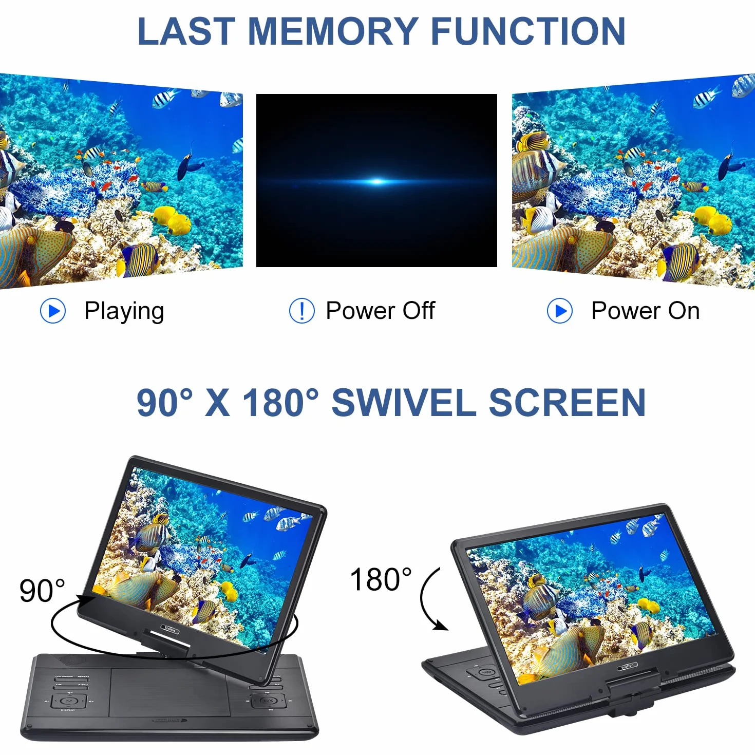 YOOHOO Lettore DVD portatile da 16,9" con grande schermo girevole da 14,1", con batteria ricaricabile, lettore DVD mobile per bambini, sincronizzazione TV, supporta scheda USB SD con caricatore per