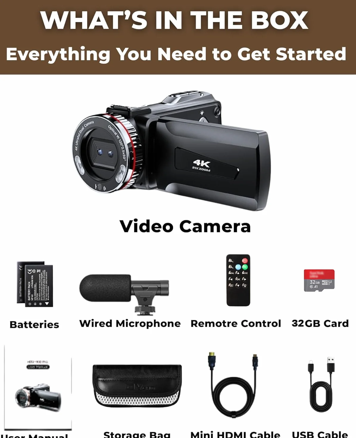 Videocamera 4K 48MP Camcorder con Zoom Digitale 21X, Video Camera con Microfono Esterno, Cavo HDMI, Telecomando, 2 Batterie, Scheda TF da 32 GB, Schermo da 3,0" 270° per Vlogging Camera per YouTube