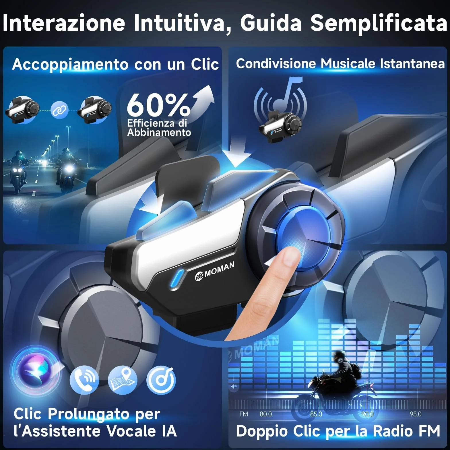 Moman Interfono Moto Coppia H2S Auricolare Casco Moto 1000M Sistema Comunicazione Riduzione Rumore Tripla Audio Multifunzione Hi-Fi Stereo Radio FM Controllo Vocale AI IPX6 Impermeabile