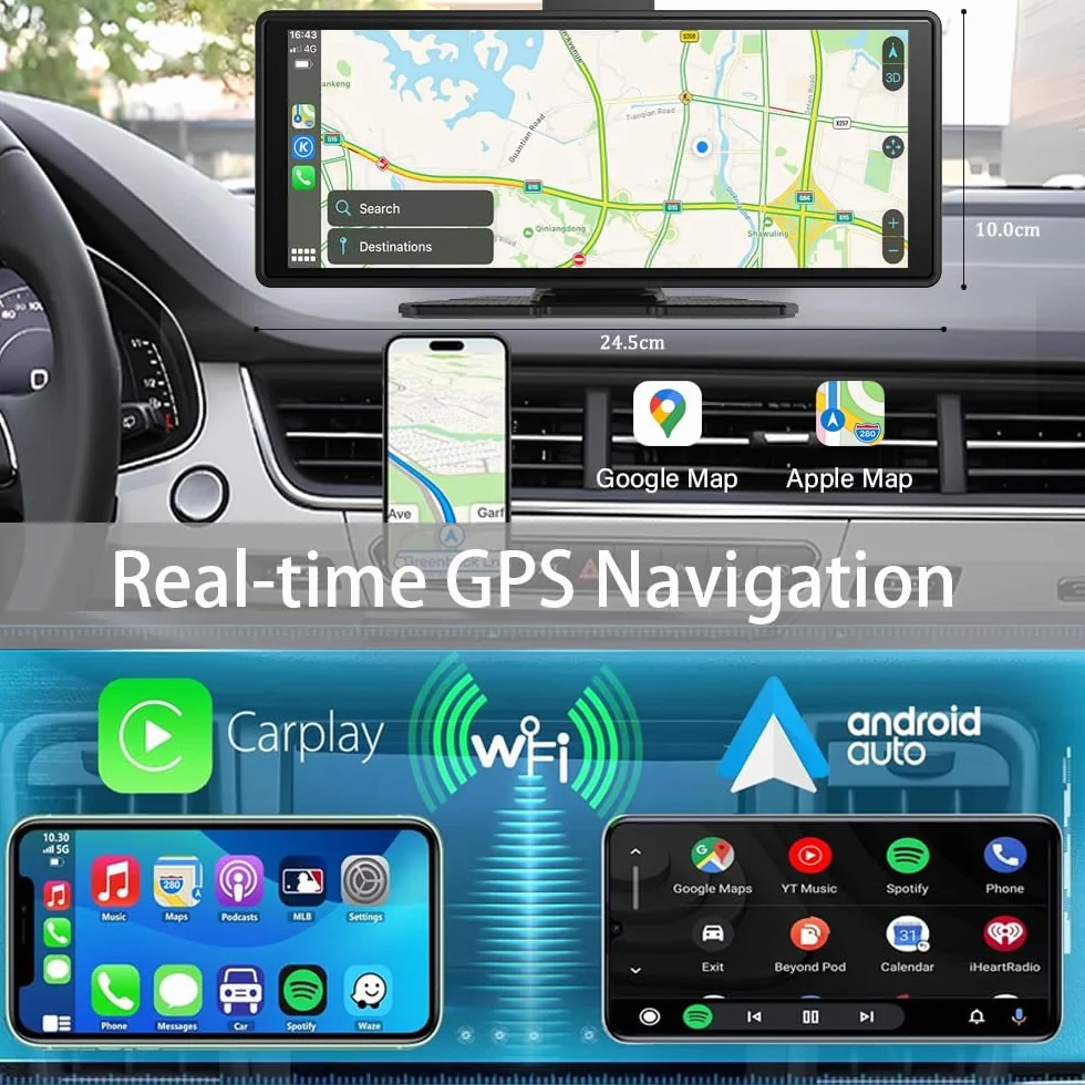 Wireless Carplay Screen 10.26" 360 Rotazione 4K Dash Cam Android Auto Stereo con 1080p Backup Camera GPS Navigation