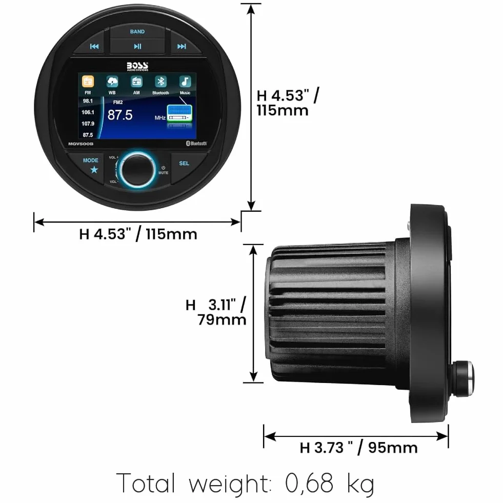 KIT SET PER BOSS AUDIO SYSTEMS MGV500B, 1 stereo marino ricevitore AM/FM, gauge digital media receiver, bluetooth integrato, waterproof, 1 pezzo + accessori