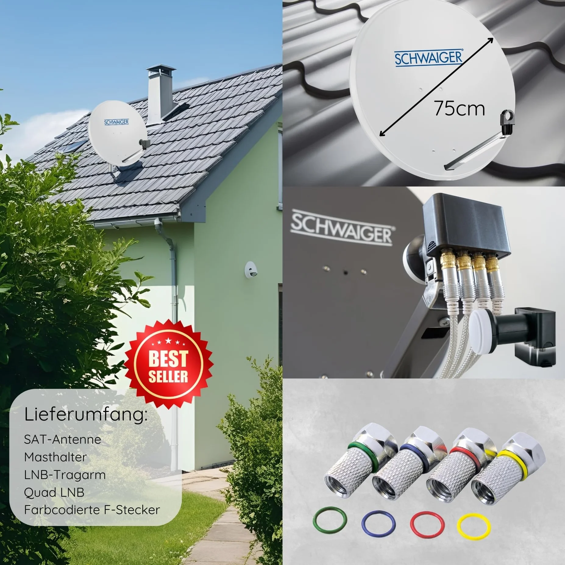 SCHWAIGER Sistema SAT Set satellitare Parabola satellitare Quad LNB digitale 8X connettore F 7mm acciaio Antenna SAT completa Grigio chiaro 74,5 x 84,5 cm