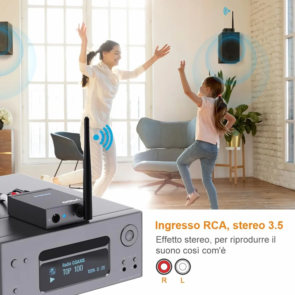 YMOO Trasmettitore Ricevitore Audio Wireless per TV, 2,4GHz Adattatore Bluetooth per Subwoofer, 100m, Jack da 3,5 mm e RCA, Bassa Latenza per Musica da PC a Hifi Stereo/Casse Attivo/CD