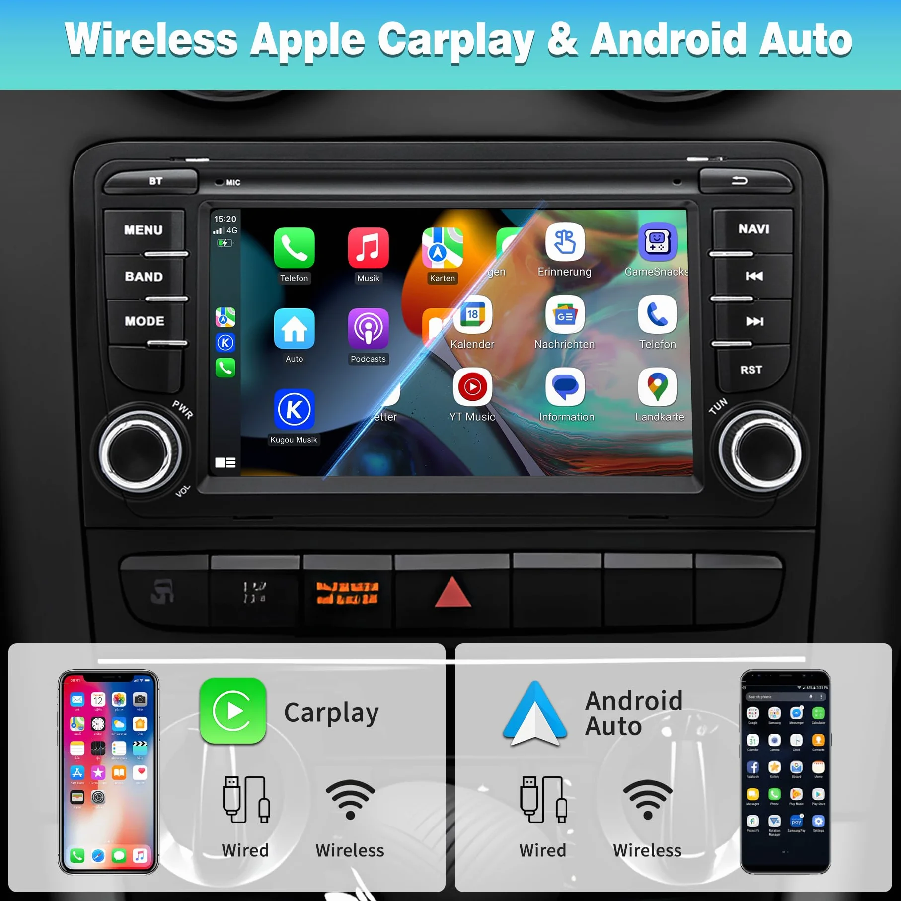 Autoradio Android 13 per Audi A3/S3/RS3 8P (2003-2012), touchscreen HD da 7 pollici, CarPlay/Android Auto wireless, Navigazione GPS, Wi-Fi, Bluetooth + Telecamera posteriore HD, Comandi al Volante