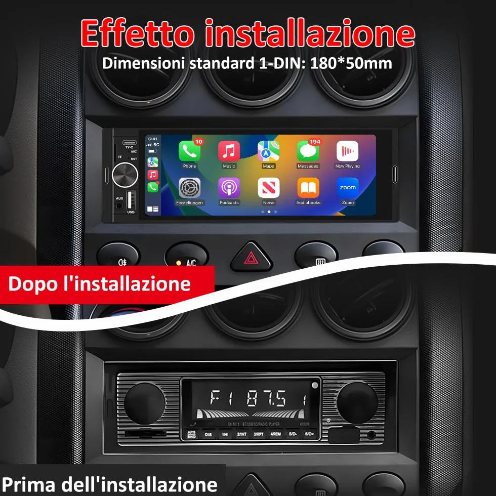 Autoradio 1 DIN con schermo Wireless CarPlay e Android Auto FM Bluetooth AUX Tipo-C Telecamera posteriore