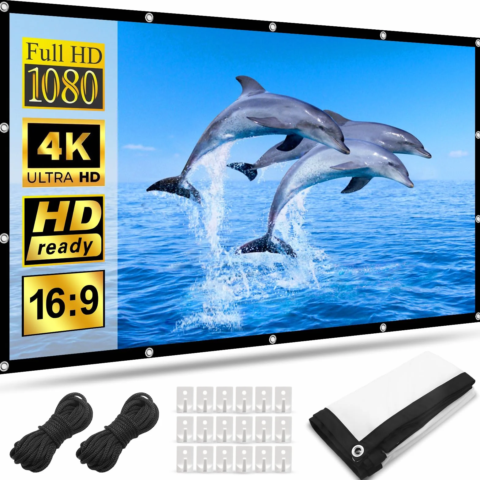 HOPFROG 120 Pollici Schermo Proiettore Portatile, Tessuto Seta di Latte Lavabile Antirughe, 16:9 4K HD Doppio Lato Pieghevole per Campeggio Esterno e Home Theater, Installazione Semplice con Ganci