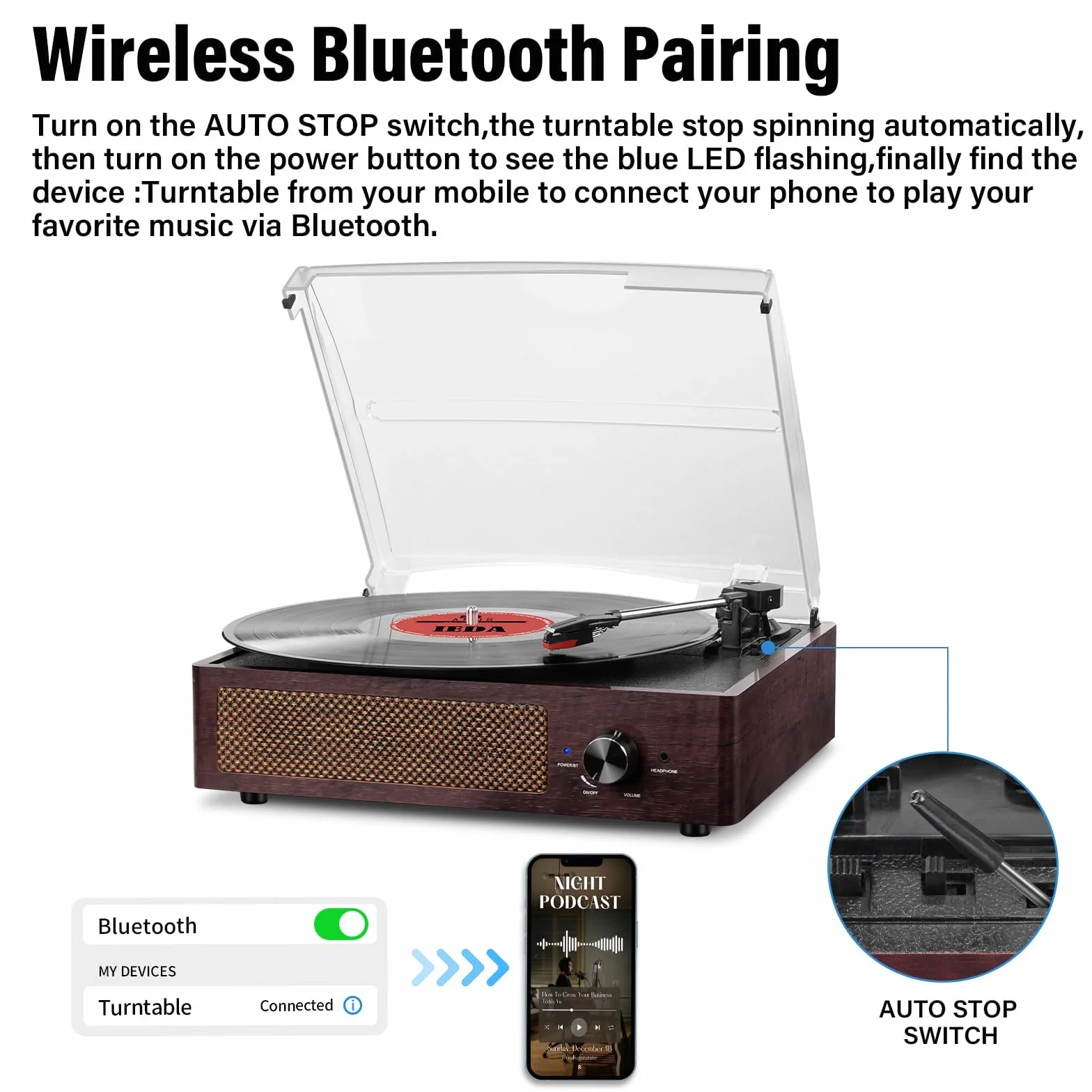 Giradischi Bluetooth Portatile a Tre Velocità (33 1/3, 45 E 78 Giri), Vintage Vinile Giradischi con Altoparlanti Stereo Integrati, supporta uscita RCA/Jack per cuffie Marrone