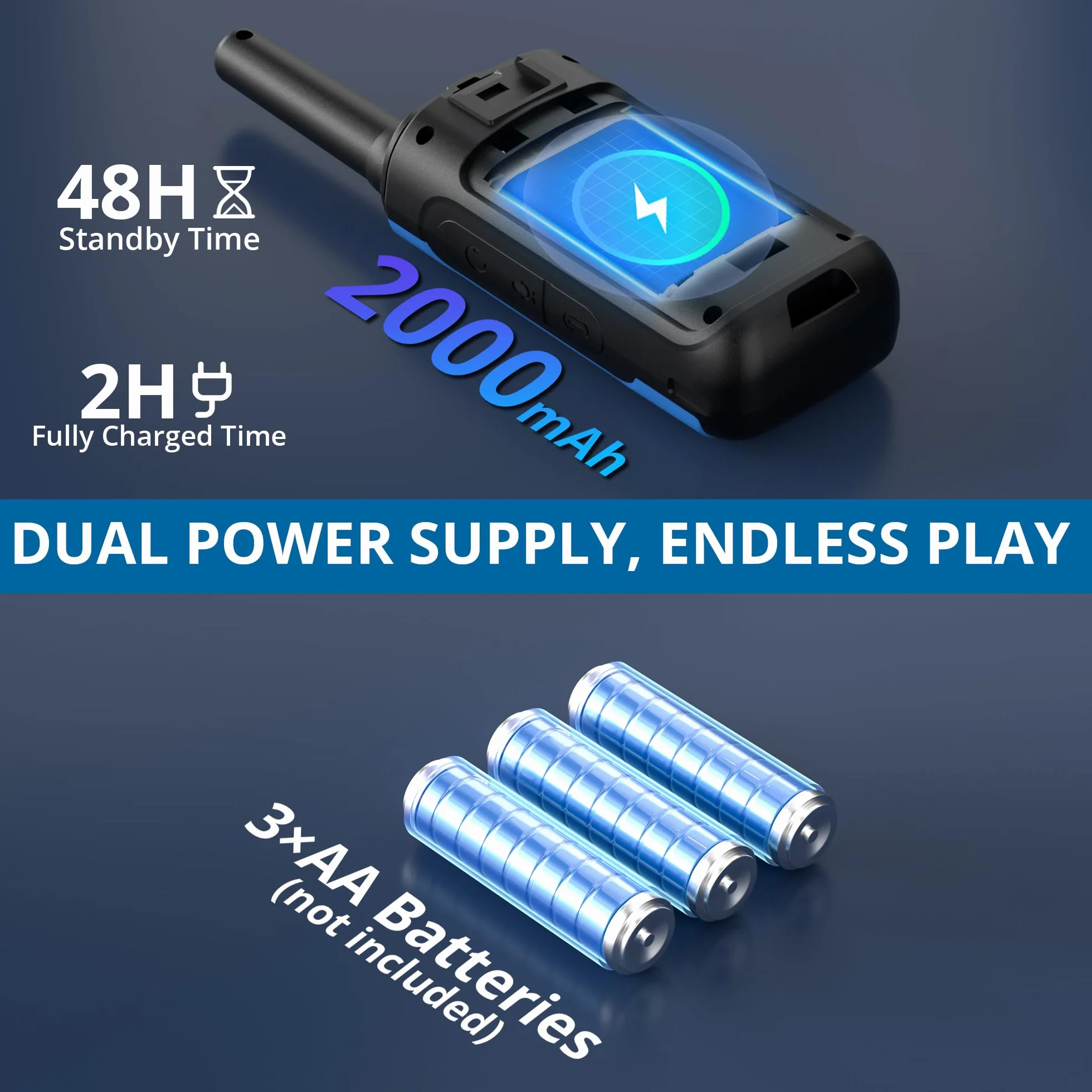 Radioddity PR-T8 Walkie Talkie per bambini, radio PMR446 ricaricabile a lungo raggio con chiamata di gruppo, batteria da 2000 mAh, ricarica USB-C, per escursionismo e campeggio, confezione da 3 pezzi