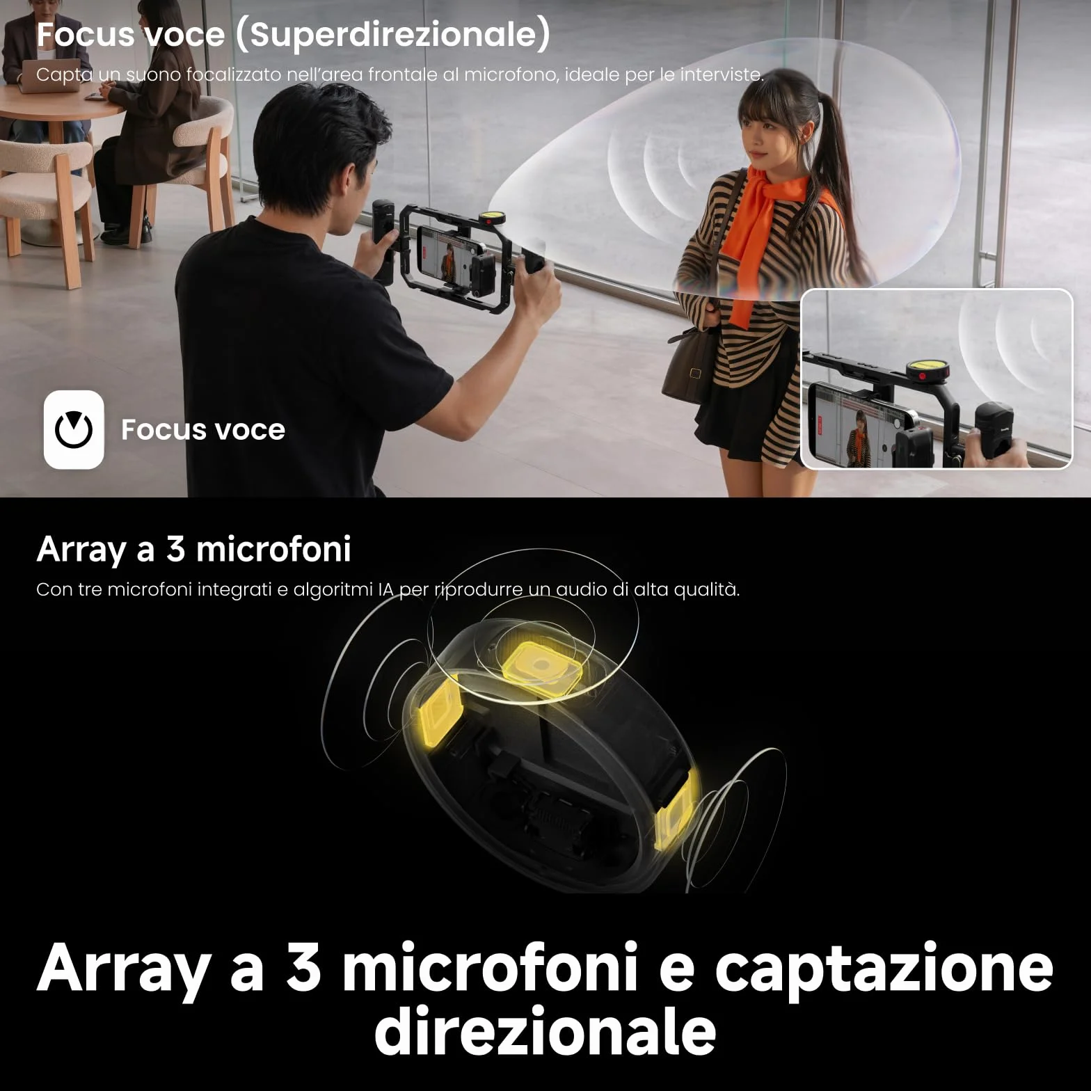 Insta360 Mic Pro Trasmettitore Nero grafite, mini microfono lavalier wireless per iPhone/videocamera/Android, cattura video, Bluetooth, display E-ink personalizzabile, 3 mic
