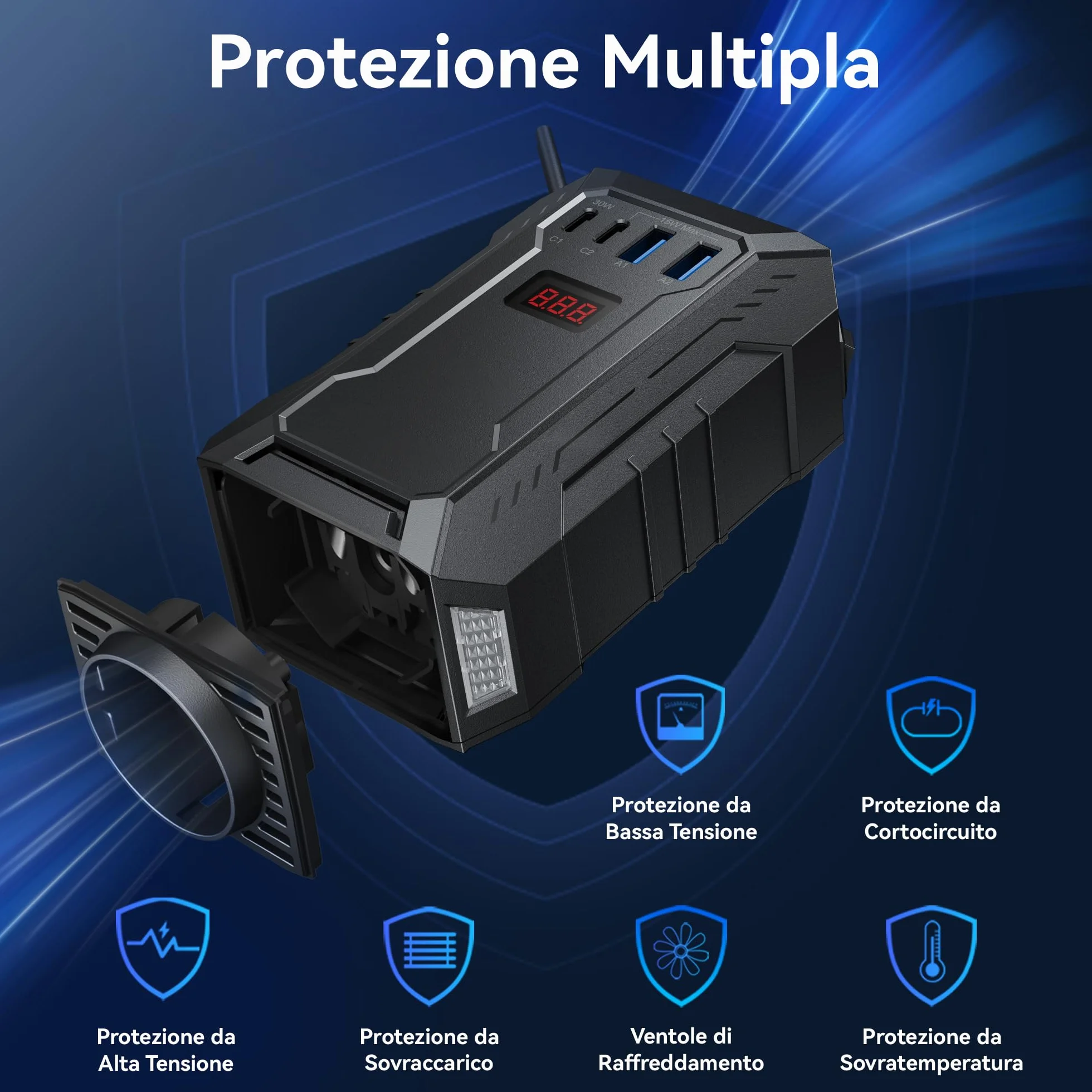 BESTEK Inverter Auto Onda Pura 400W, Trasformatore Inverter 12V a 220V, 2 USB, Multi Protezioni e Soft Start, Ideale per Auto/Camper, Alimentazione da Accendisigari