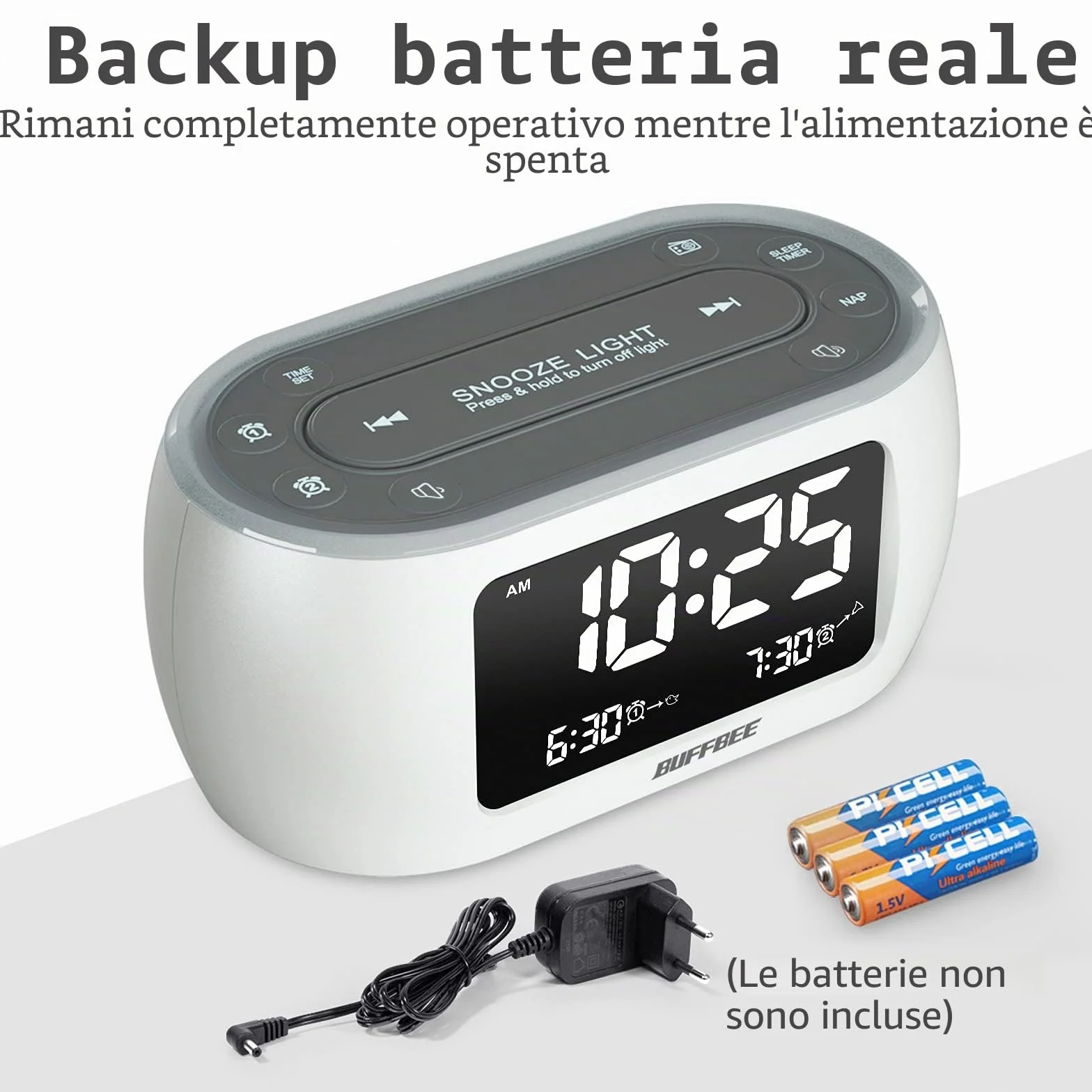BUFFBEE Radio Sveglia con Luce Notturna 7 Colori, Doppio Allarme, Snooze, Dimmer, Porta USB, Timer Riposo, Sveglia Digitale con Radio FM, Timer Notte - Bianco