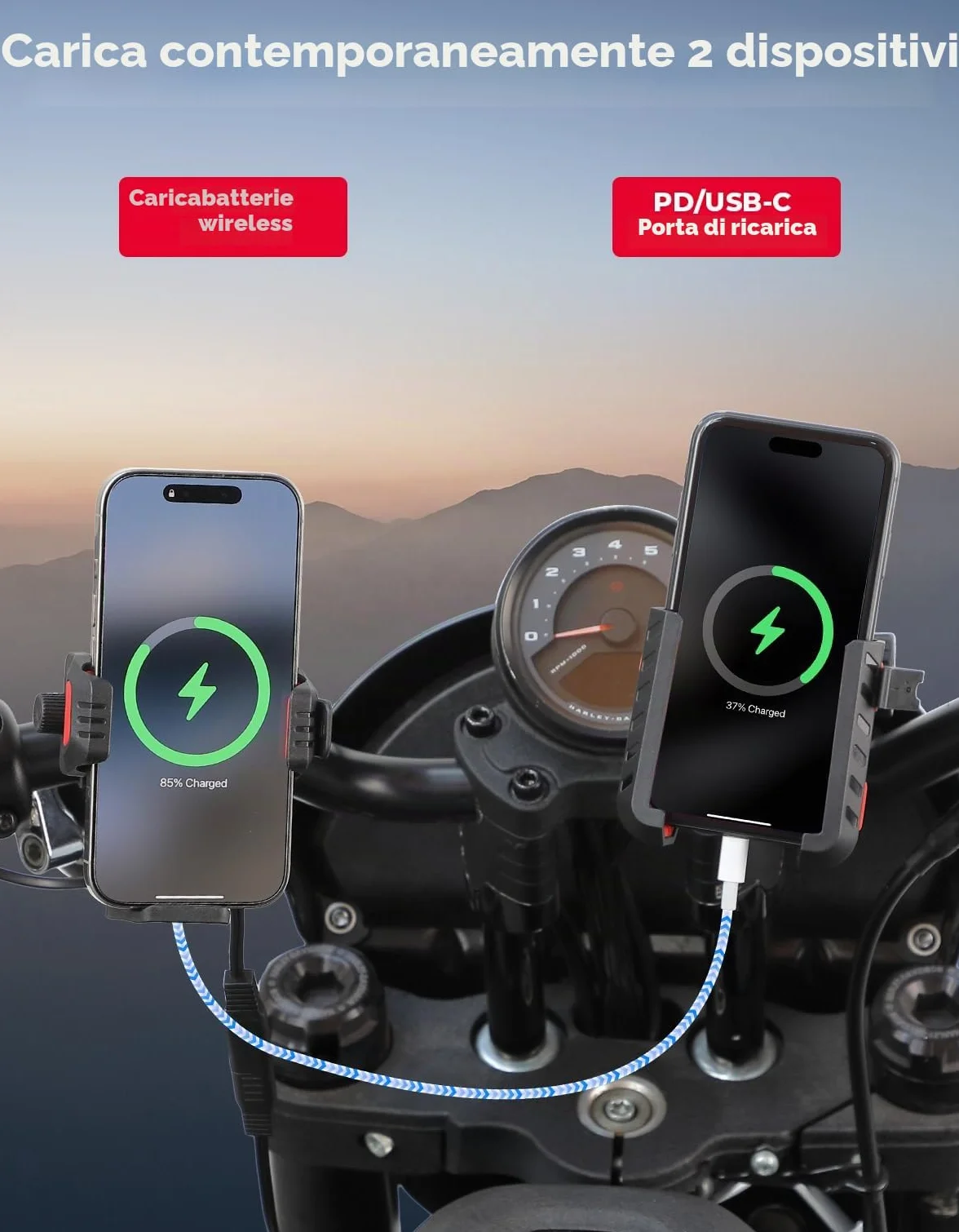 KEMIMOTO Supporto Telefono Moto con Ricarica Wireless 15W e Ricarica Rapida 33W PD/USB-C, Porta Cellulare Moto Antiurto e Antifurto, Rotazione 360°, Compatibile con Smartphone 5,4"-7,2"