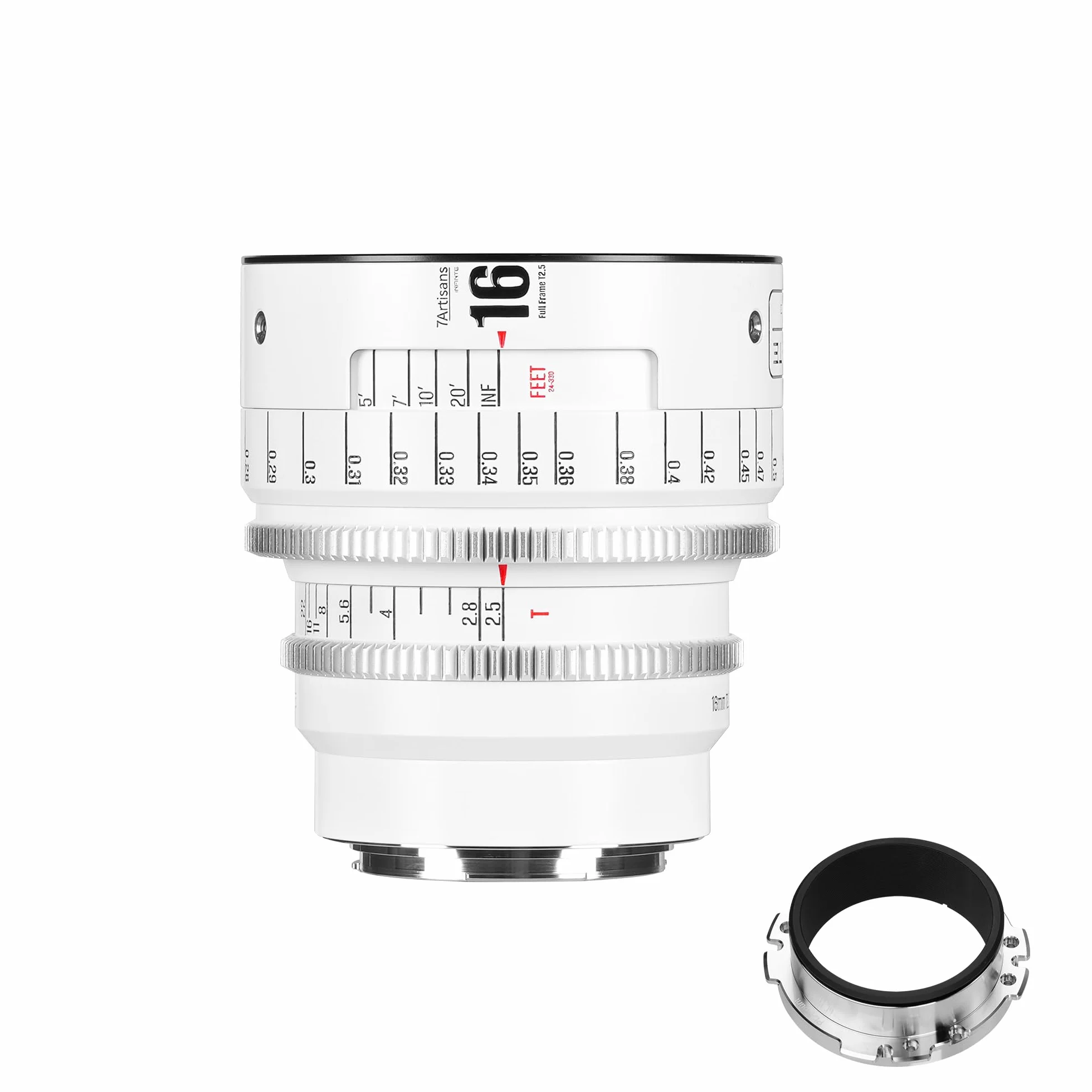 Obiettivo cinematografico manuale professionale full frame 7artisans 16 mm T2.5 serie Infinte, compatibile con attacco EF per fotografia e riprese video, bianco