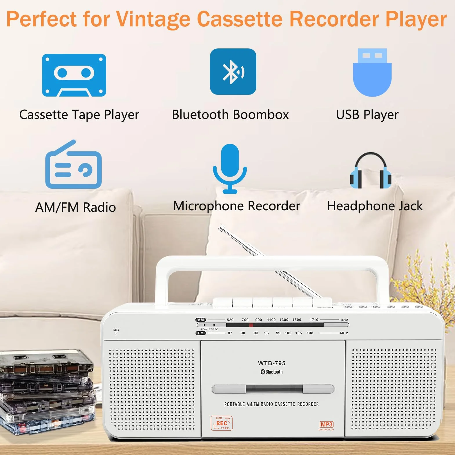 Lettore di cassette audio portatile con Bluetooth, USB e radio stereo AM/FM, microfono integrato per registrazione USB Conversione MP3, doppi altoparlanti, uso interno o esterno