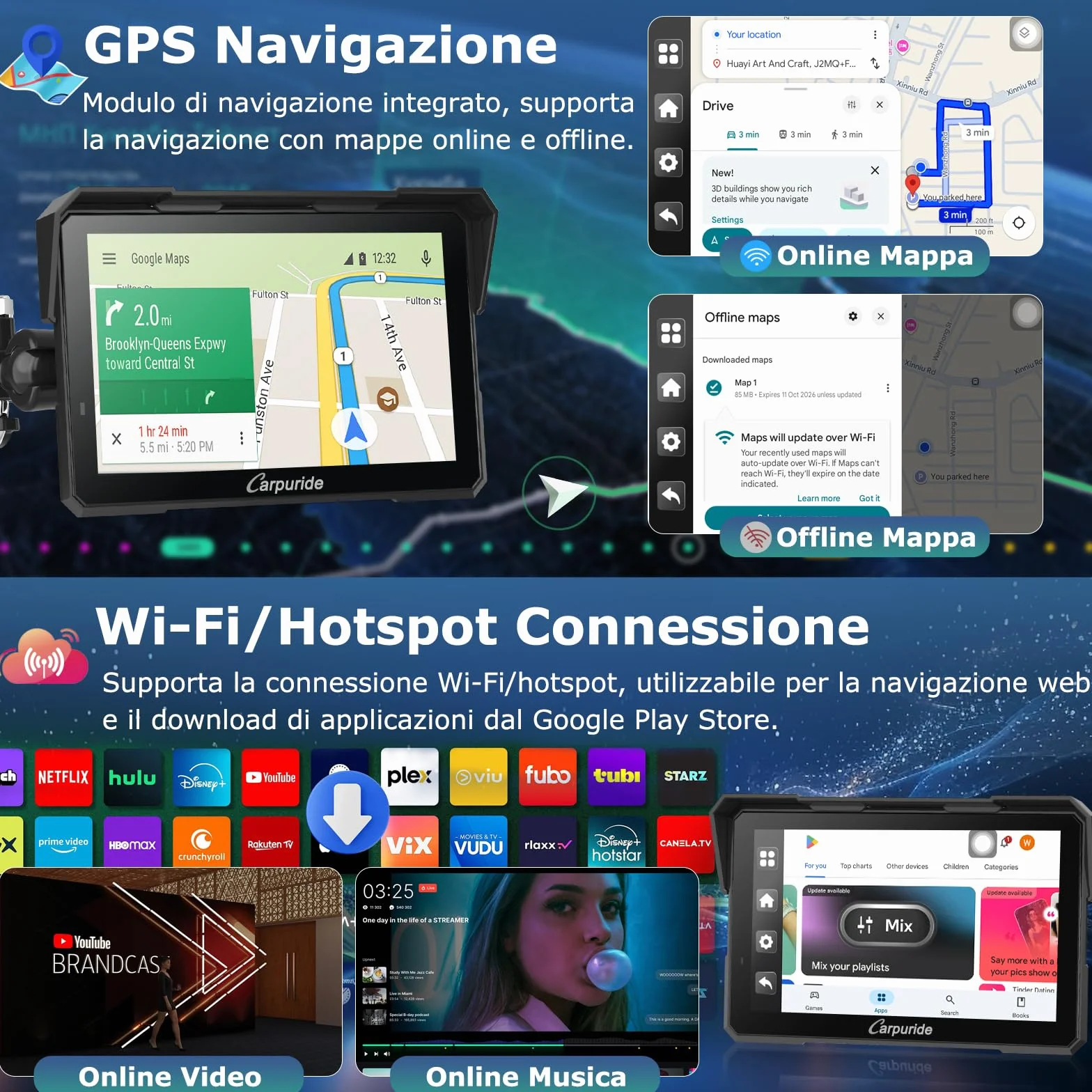 Carpuride W702 Plus Android 14 Moto Carplay Schermo con doppia fotocamera, Senza Fili CarPlay e Android Auto, 7" Touchscreen Impermeabile, BT Audio, Loop Registrazione,Navigazione online e offline.