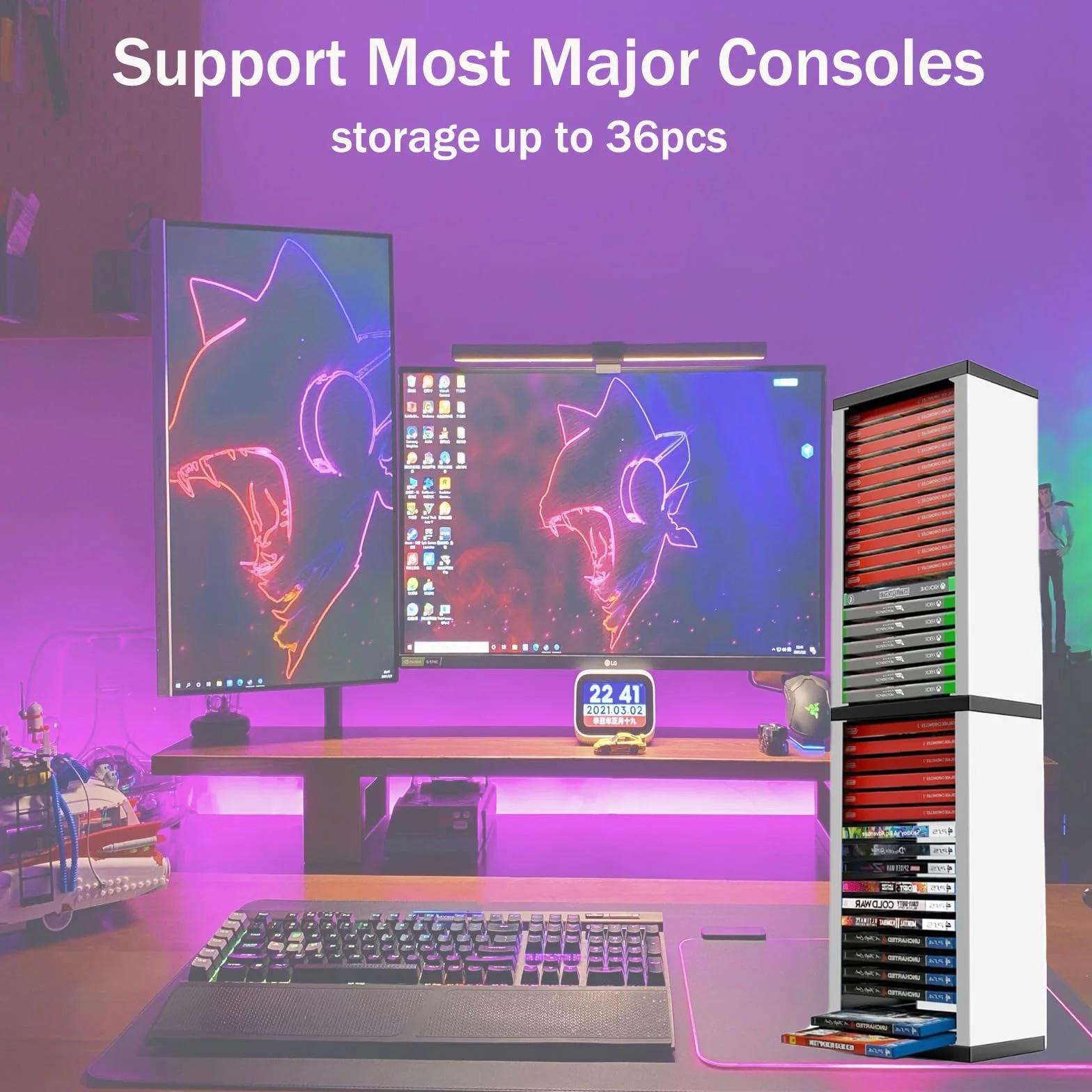 iFCOW Torre di Archiviazione per Giochi PS5, Porta Dischi con Scaffalo per 36 CD, Custodia e Supporto per PS5/PS4/Xbox Series X/Xbox one