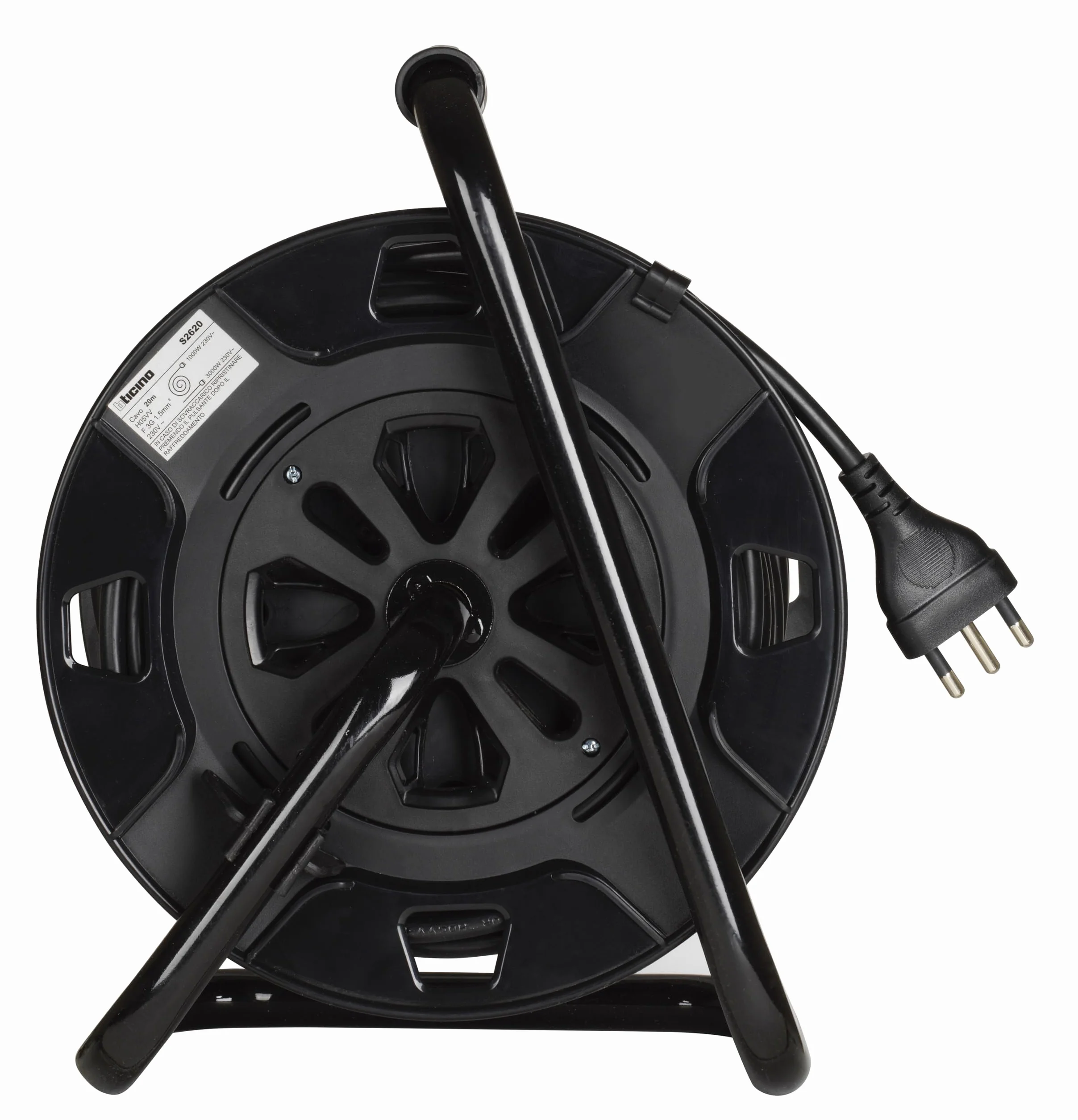 BTICINO Avvolgicavo S2620, Prolunga Elettrica 20 Metri, 4 Prese Polivalenti Schuko Bipasso, Spina Grande 16A, Interruttore Termico, Maniglia Ergonomica, Ferma Cavo, Full Black