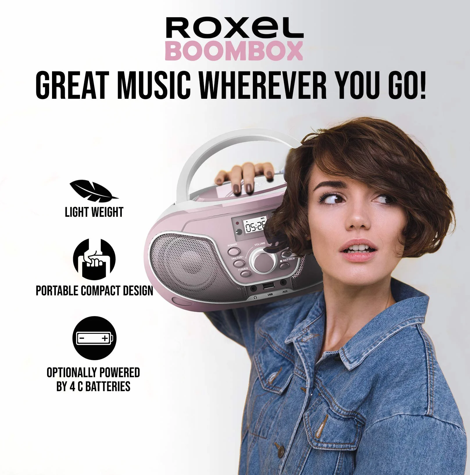 Roxel RCD-S70BT Boombox portatile lettore CD con telecomando, radio FM, riproduzione MP3 USB, ingresso AUX da 3,5 mm, jack per cuffie, display a LED, streaming musicale wireless (rosa)