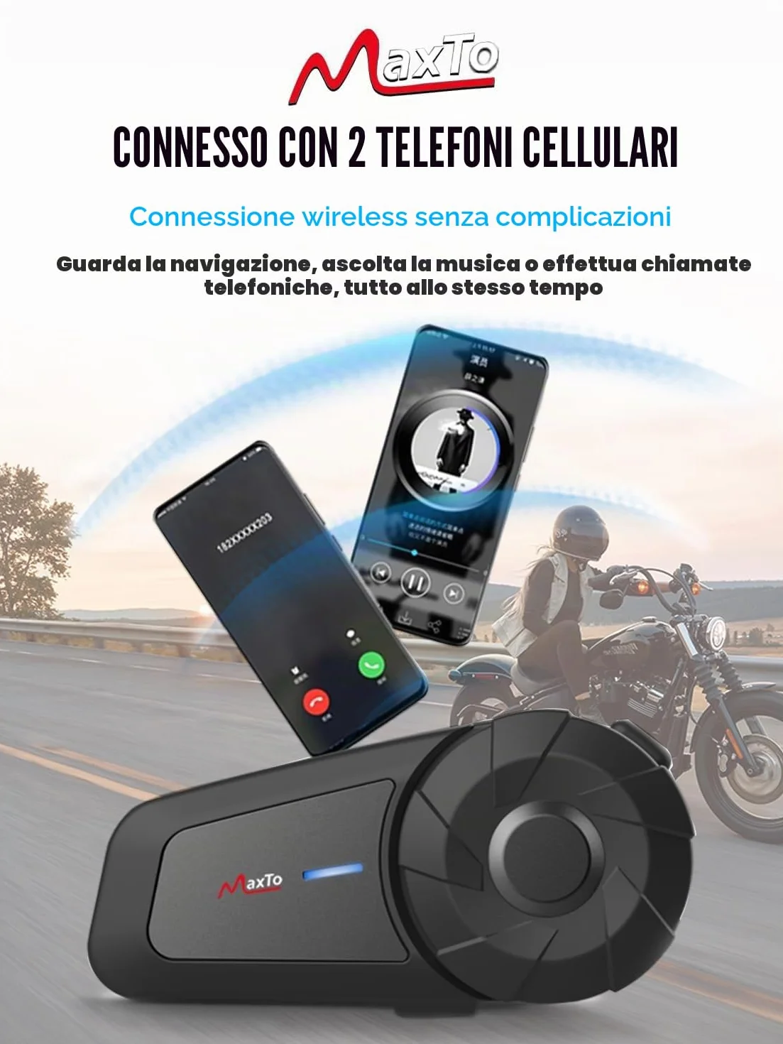 MAXTO Cuffie Bluetooth per moto, interfono a rete, 1000 m 8 piloti, sistema di comunicazione per moto,CVC+DSP cancellazione del rumore, condivisione musica,IP67 impermeabile(2 Pezzi)