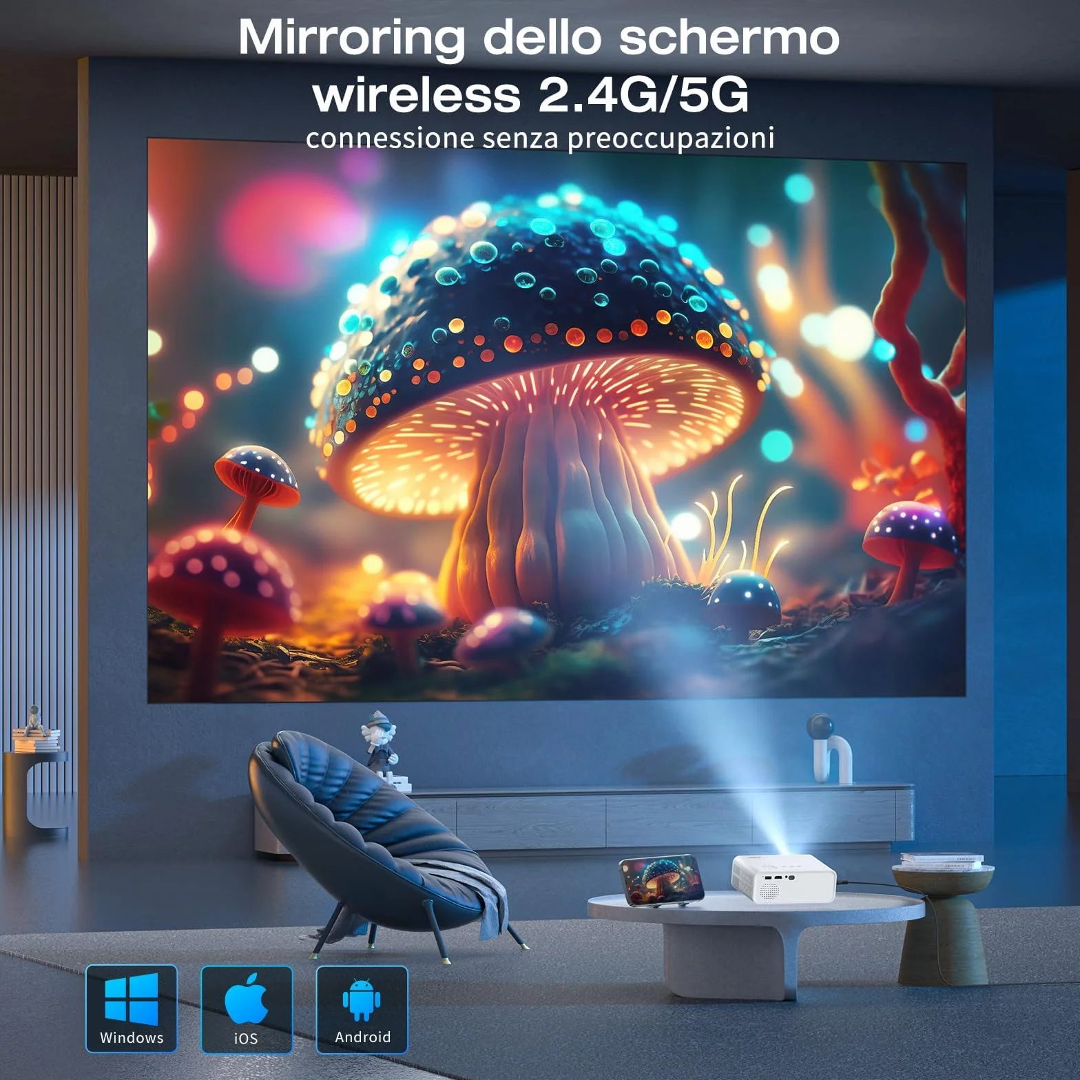 18000 Lumens Proiettore, Full HD 1080P Mini Proiettore, AMEELA Videoproiettore, 2.4/5G WiFi Bluetooth Proiettore, Proiettore portatile compatibile con chiavetta TV/USB/laptop/HDMI/iOS/Smartphone