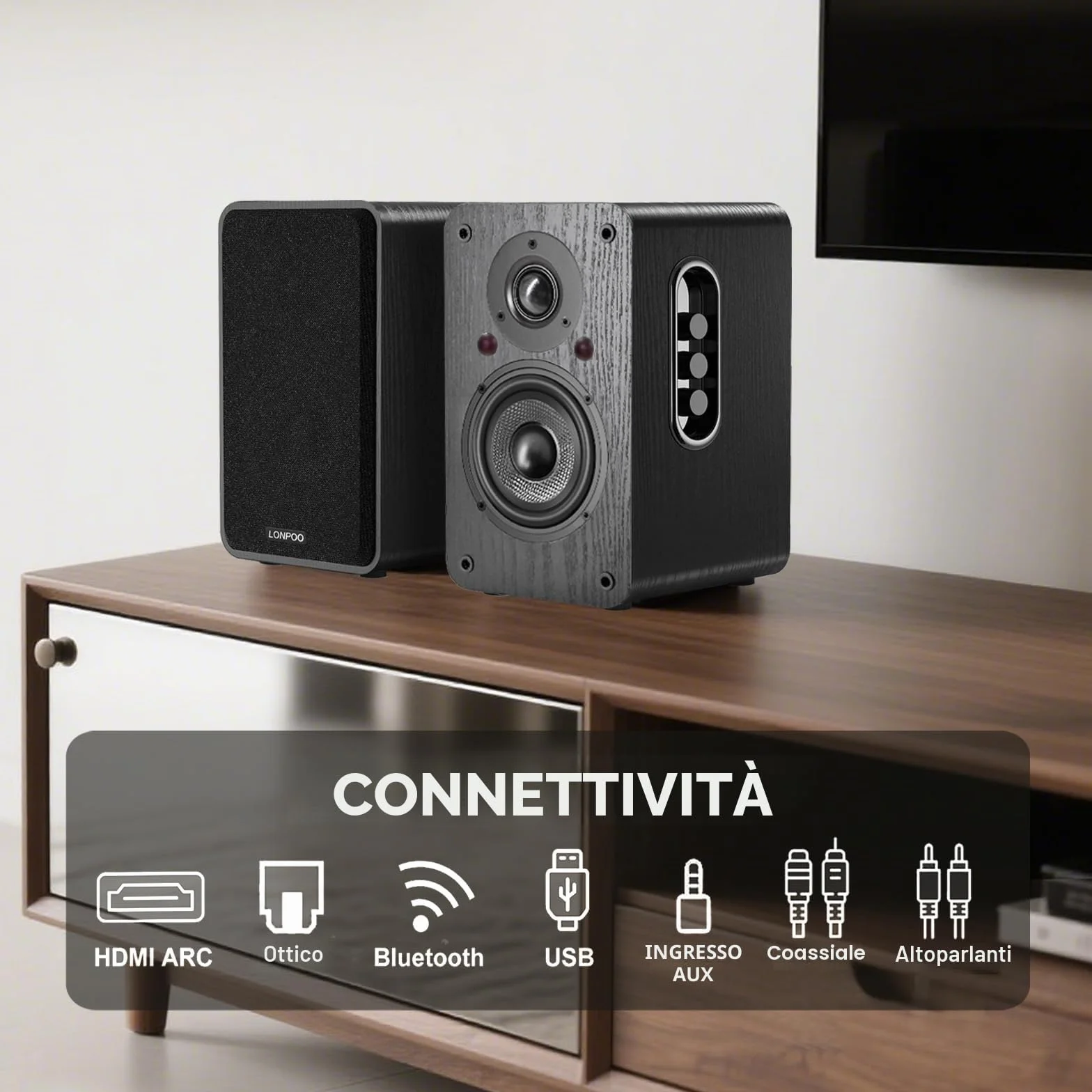 LONPOO LP-42X Attivi Diffusori da scaffale 100W RMS | woofer 4" fibra di carbonio | connettività HDMI ARC, Ottica, Coassiale, Bluetooth 5.3, AUX-IN, USB, telecomando (nero)
