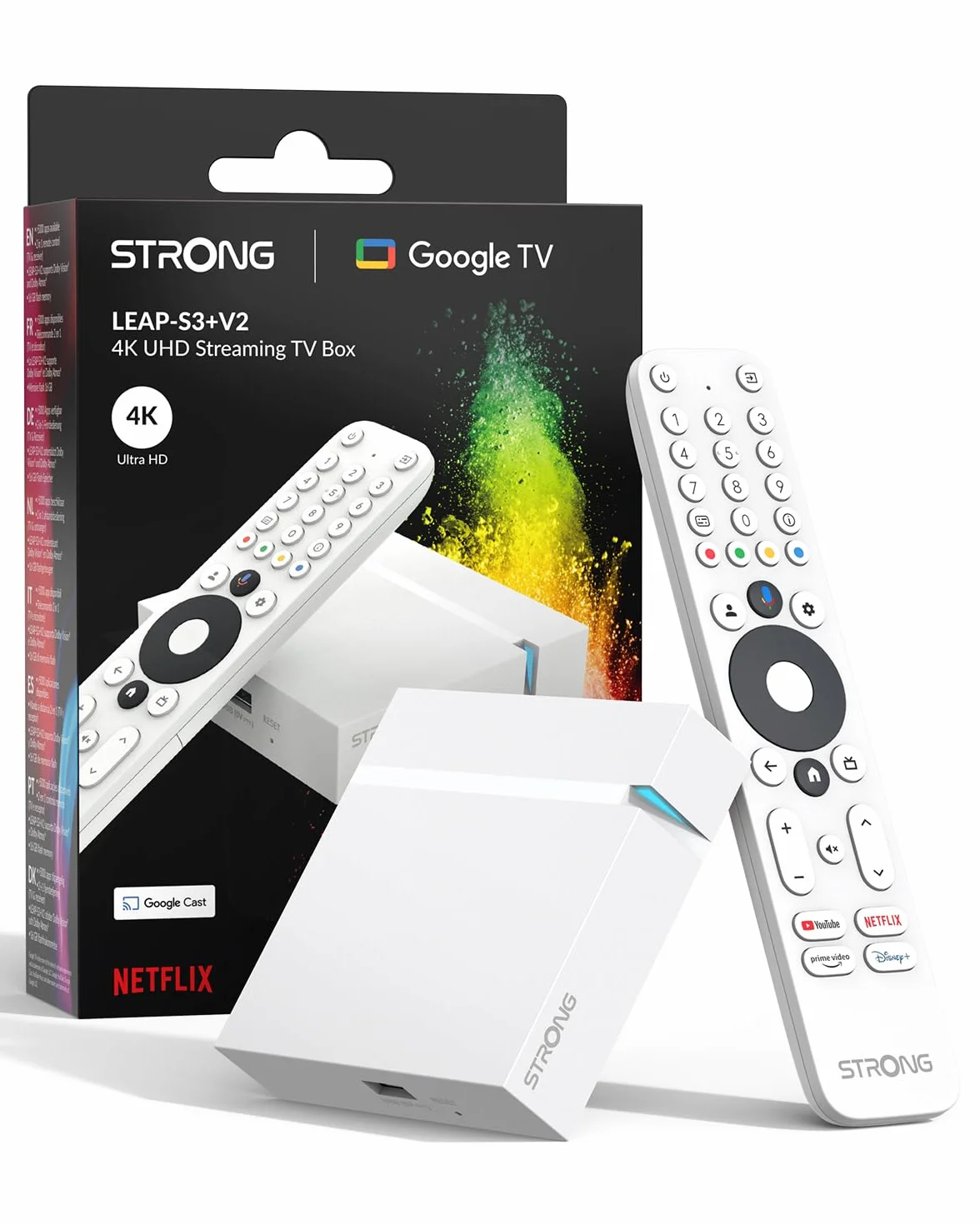 STRONG LEAP-S3+V2 Streaming Smart TV Box 4K UHD – 2GB RAM + 16GB Memoria, HDR10+ & Dolby Vision, WiFi 5 & BLE 5, Porta Ethernet (RJ45), Assistente Vocale, Bianco