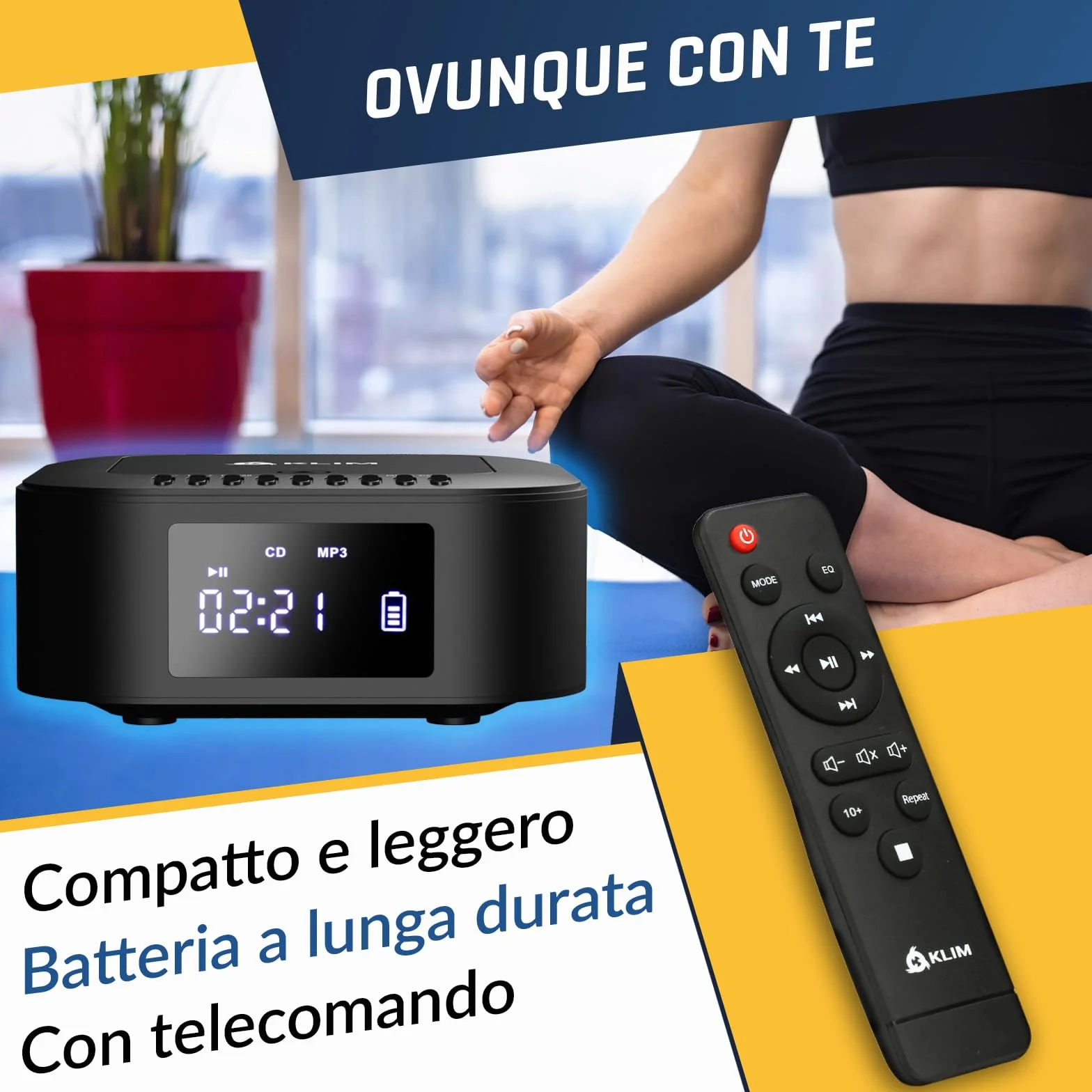 KLIM Lettore CD Stereo Boombox E1 - BASS Boost con Subwoofer - FM Radio con Lettore CD e USB, Bluetooth, AUX - Stereo casa - Filo o Wireless - Batteria ricaricabile, Telecomando - Custodie Disc